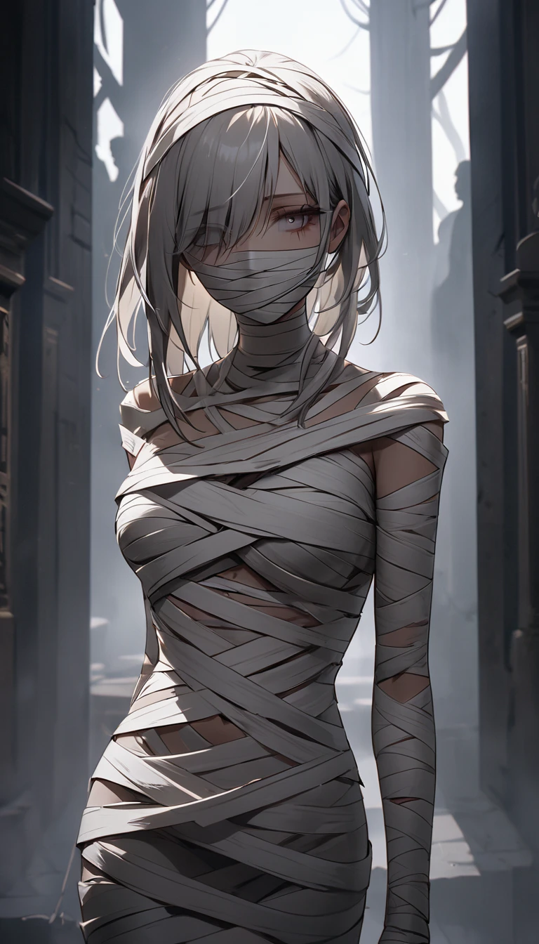 Perfect Mummy , Bandage Dress, Cinematic production, Lifeless eyes, Transparent naked eye ,  The Aesthetic Expression of Silence and Sadness, 