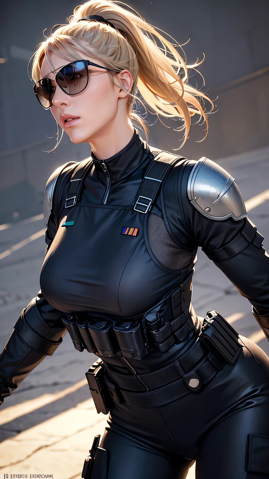 blonde pony tail hair, beautiful woman, pro lighting, photorealistic, Realistic face details, complicated details, 8k, ultra high details, dynamic camera angle, hips up, sunglasses, swat gear, armor vest, 