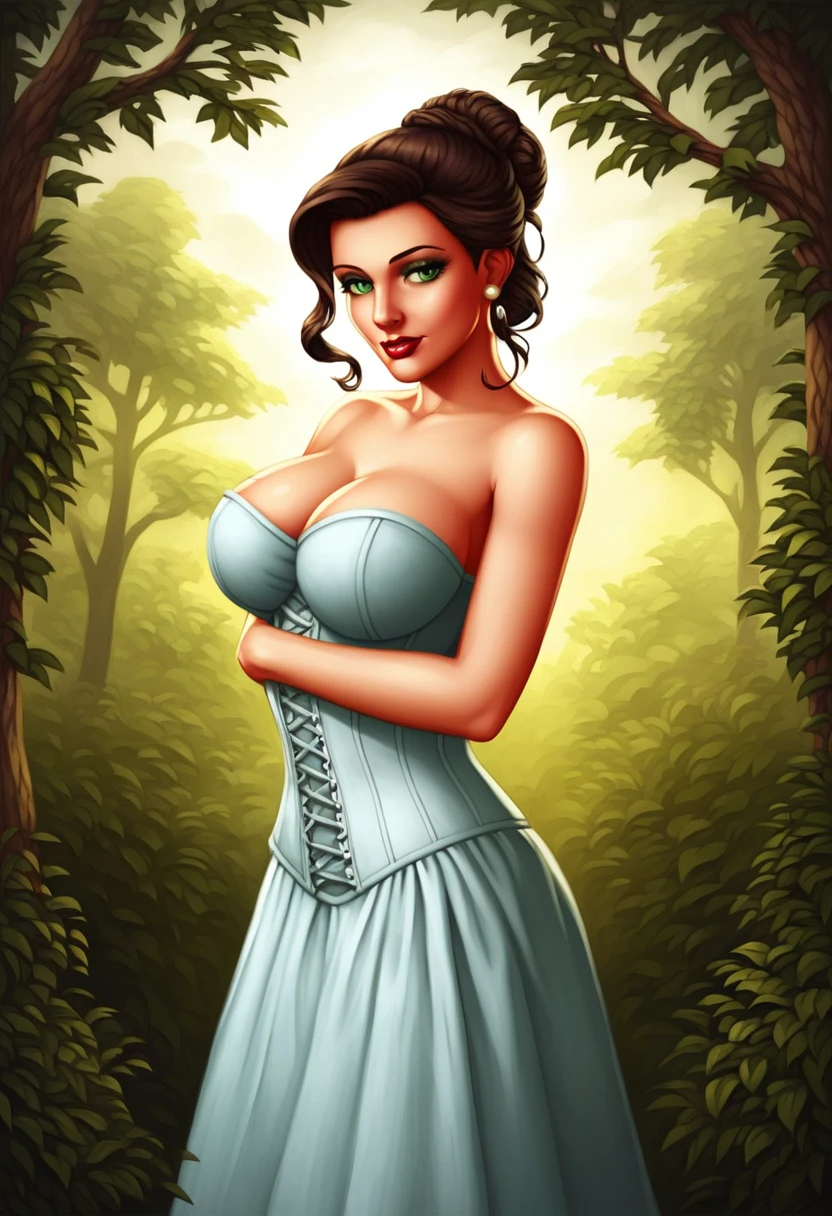 safe_pos, score_9, score_8_up, score_7_up, score_6_up, best quality, masterpiece,  elizabeth comstock, burial at sea. Curvy, large breasts. A beautiful young woman stands in the center of a sunlit meadow, surrounded by vibrant wildflowers. Her appearance is striking, with dark, wavy hair styled in a loose, elegant updo, a few strands falling softly around her face. She wears a vintage, high-necked corset dress with delicate lace details, reminiscent of the early 1900s, its soft blue and white fabric flowing gently in the breeze. Her deep, thoughtful eyes carry a hint of mystery, while her pale skin glows against the rich colors of the meadow. The golden sunlight filters through the trees, highlighting her graceful features, and a calm serenity surrounds her as she gazes into the distance. In the background, the sound of a distant bell chimes faintly, adding a sense of timelessness to the idyllic scene, as if she is caught between worlds.