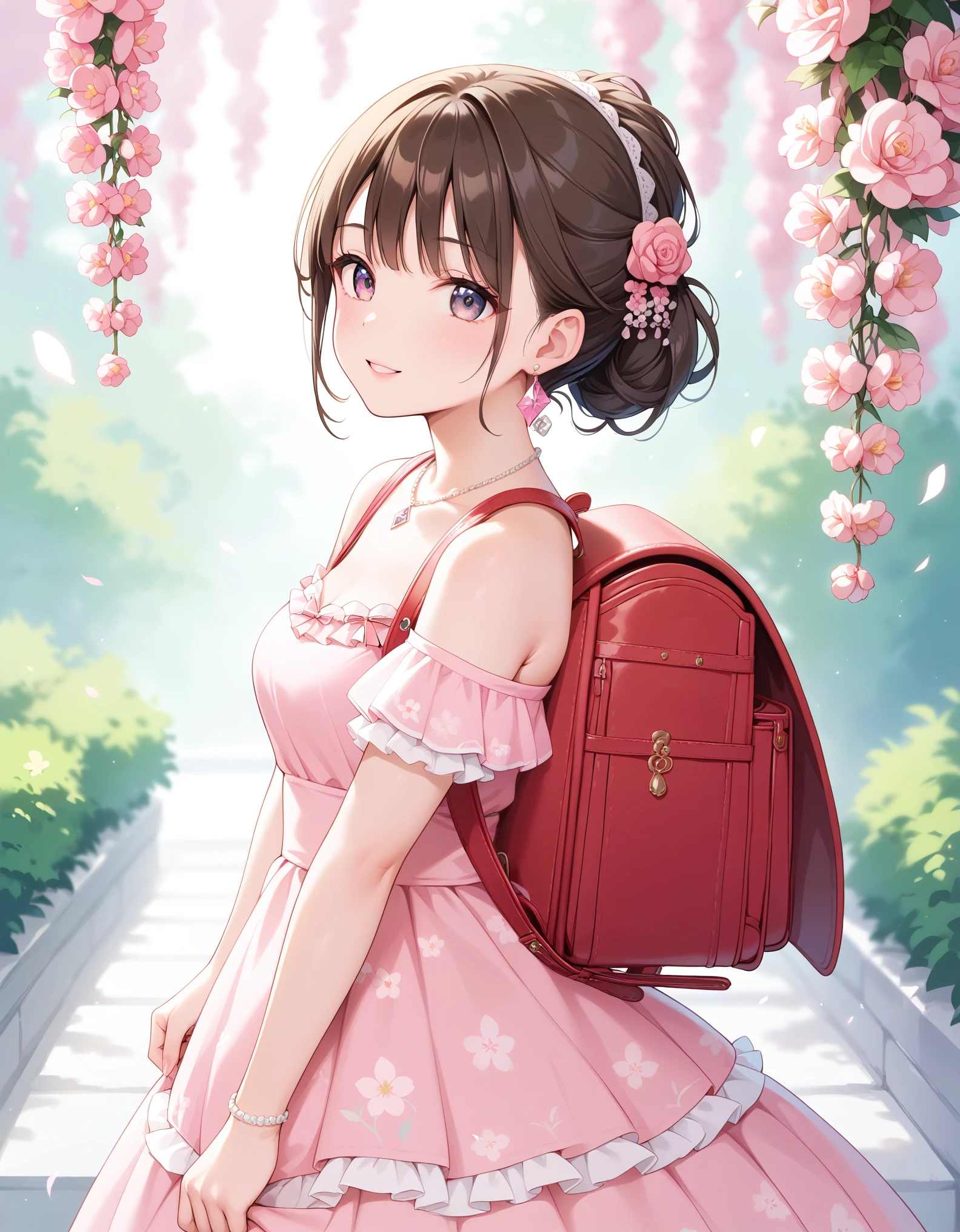 Masterpiece, hd, best quality, there is a girl standing in a pink dress, wearing pink floral chiton, beautiful pink , brown hair, wearing a pink dress, dressed in a pink dress, small girl, Traditional Attire, bowtie, necklace, diamond earrings, in a fancy dress, frilly outfit, wearing beautiful clothes, wearing pink floral gown, cute young girl, dressed in a beautiful, wearing randoseru backpack, red backpack, standing, outdoor