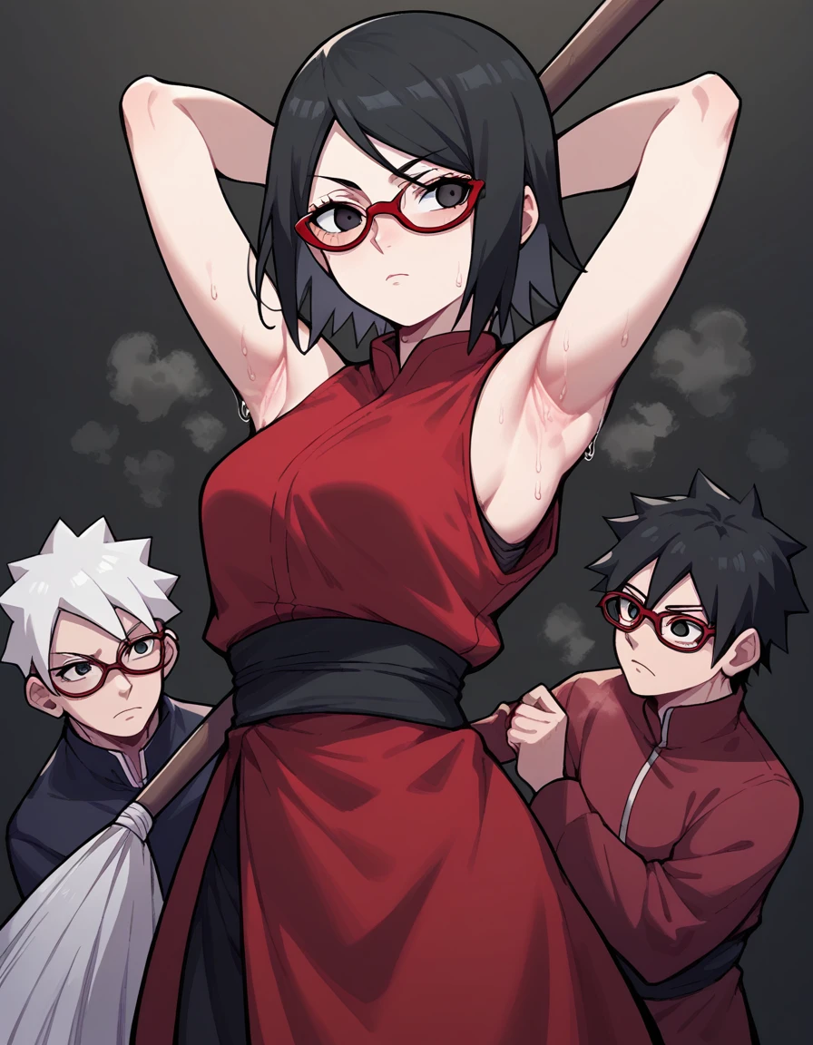  anime art style,sarada uchiha,  short hair,  Black Hair , (black eyes:1.5), Red-rimmed glasses, Glasses,  Sweep Bang,(Armpit:1.3)，(steam，steamimg:1.1)，  red dress ,halcon ,