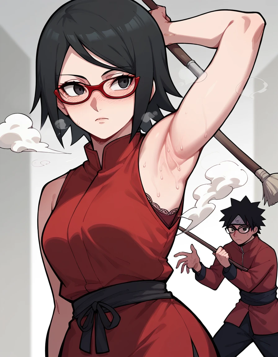  anime art style,sarada uchiha,  short hair,  Black Hair , (black eyes:1.5), Red-rimmed glasses, Glasses,  Sweep Bang,(Armpit:1.3)，(steam，steamimg:1.1)，  red dress ,halcon ,