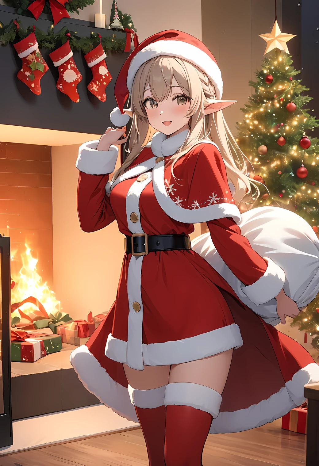 (((Best quality, 8k, Masterpiece: 1.3)), ((best quality)), ((masterpiece)), (detailed), perfect face, perfect body, (detailed skin:1.3), (intricate details), A cheerful elven woman dressed in a Santa Claus-inspired outfit stands in a cozy, festive room. She has pointed ears that peek out from under a red Santa hat with a fluffy white trim. Her outfit is a fitted red coat with white fur edges, a black belt, and tall boots, giving her a playful yet elegant holiday look. She holds a large sack of gifts over her shoulder, her expression warm and joyful. The background features a decorated Christmas tree, glowing string lights, and stockings hung by a fireplace, creating a warm, festive atmosphere filled with holiday cheer.