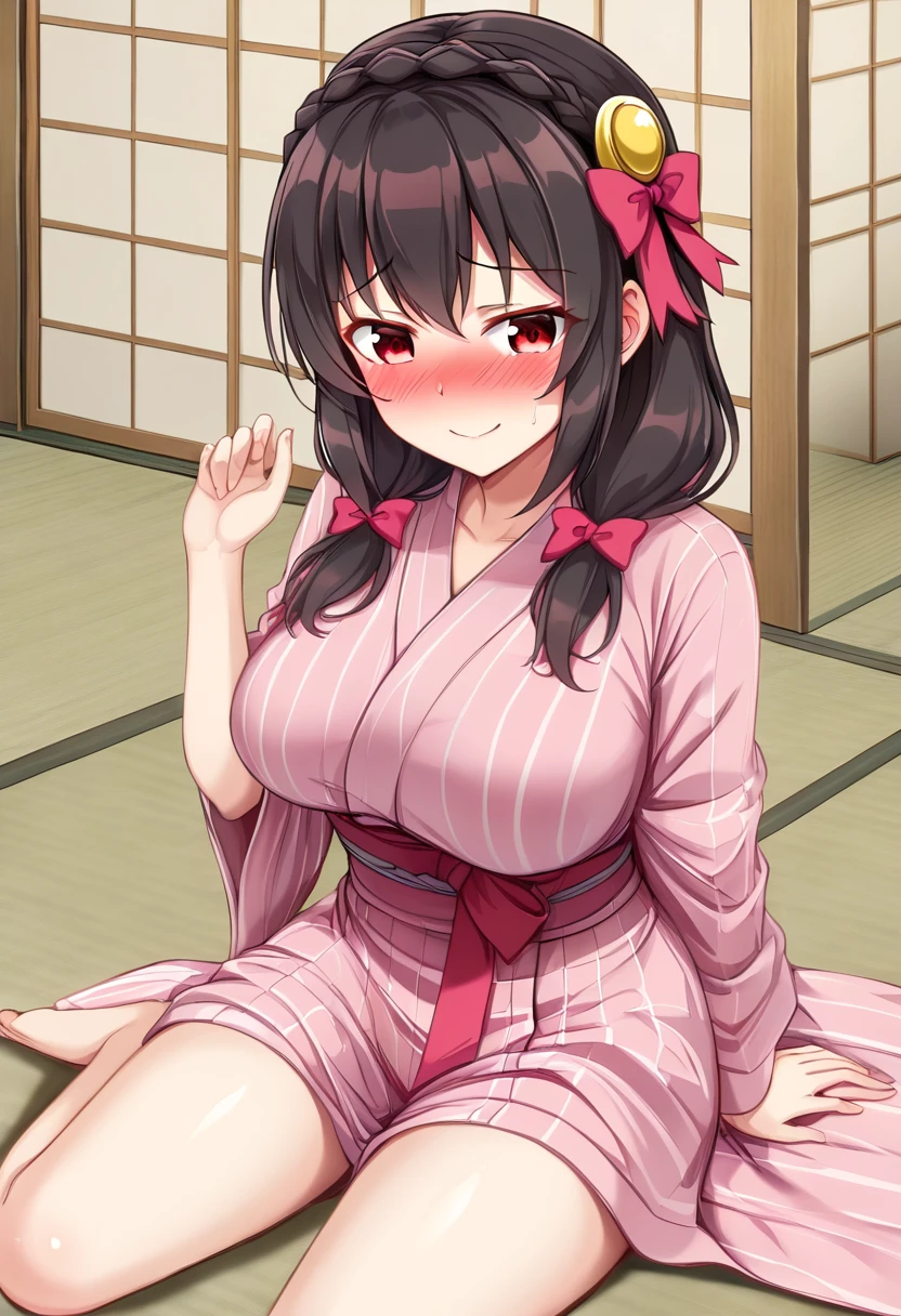 yunyun、masterpiece,Best Quality,  high resolution on down,One person, Yunyun、 crown braid the same color as my hair, Black Hair、Red eyes、 hair accessories,  hair bow,  pink yukata, 、(She has big breasts)、( embarrassed smile seen from the front:1.2)、(blush)、indoor、tatami、( sitting straight)、(I'm tapping my knee with one hand)