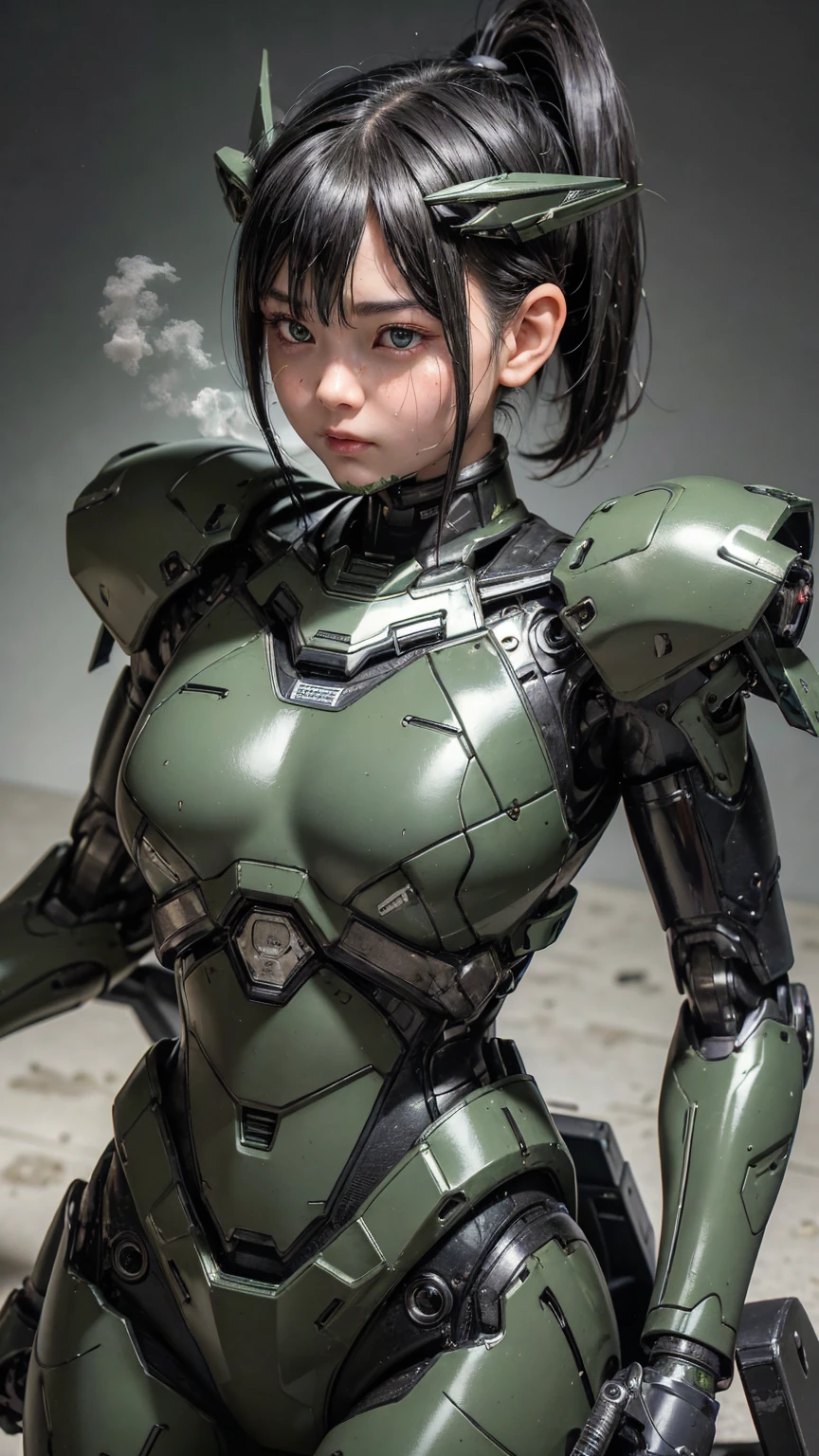 最 high quality非常に詳細, Advanced Details,  high quality, 最 high quality,  high resolution on down, 1080P,  hard disk , beautiful,(War Machine),( perfect headgear ),See the whole picture,beautifulサイボーグ女性, DARK GREEN MECHA CYBORG GIRL ,BATTLE MODE,Mecha Body Girl　 8k Dark Green Body Armor 　 elementary school girl 　Sweaty face　Droopy eyes　 short hair　 gas mask with extended nozzles 　 boyish　Steam coming out of my head　 My hair is wet from sweat　 Black Hair ,  steam is coming out of the mouth 　Lie down on the bed、 does not reveal skin　