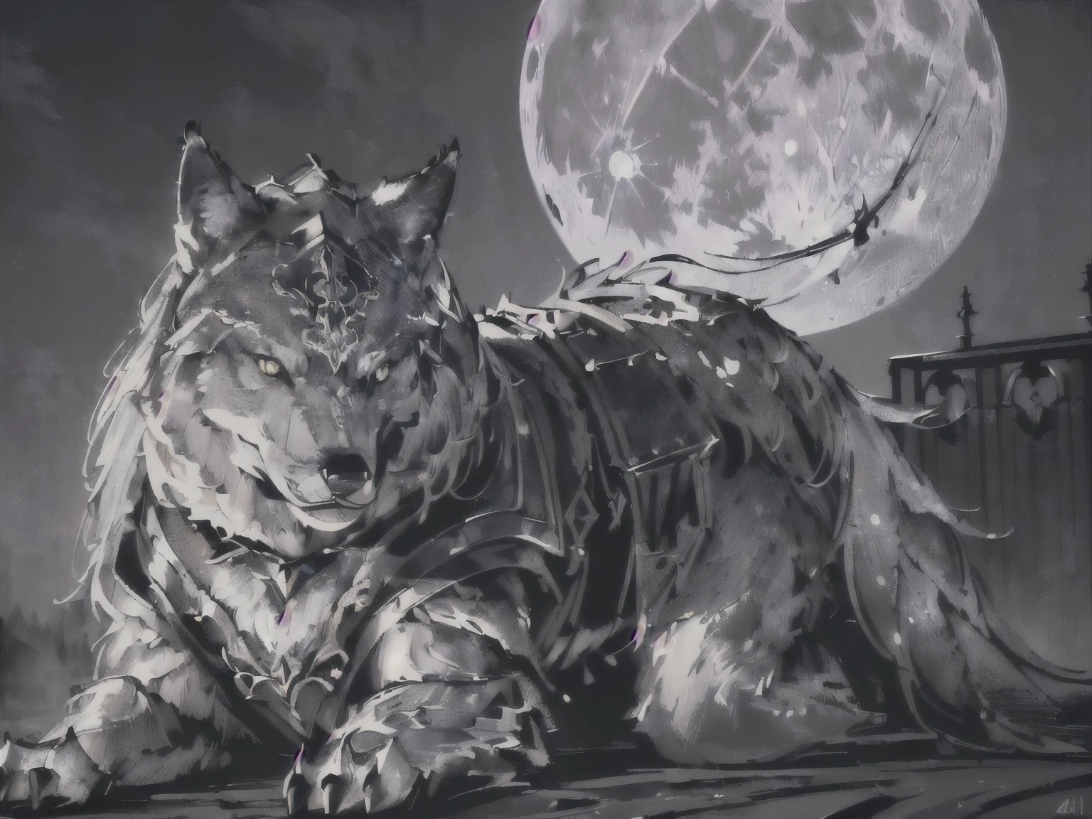 (((best quality, 4k, 8k, highres, masterpiece:1.2, ultra-detailed, realistic, photorealistic, photo-realistic:1.37, dramatic lighting, moody, high contrast, cinematic, intricate details))),(((the silver wolf,behind full moon at midnight)))