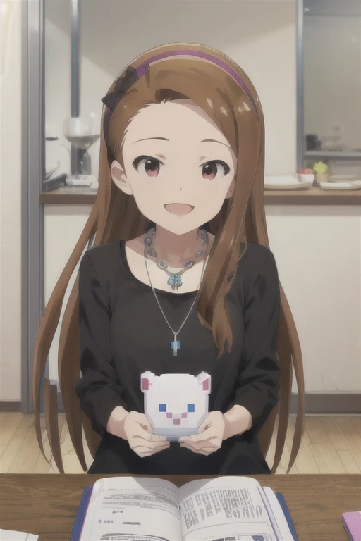 ((( pixel perfect, detail-perfect))), Alone,  1 girl, iori minase,  Black Shirt ,  necklace ,  plush,  watching viewers , smile, :d