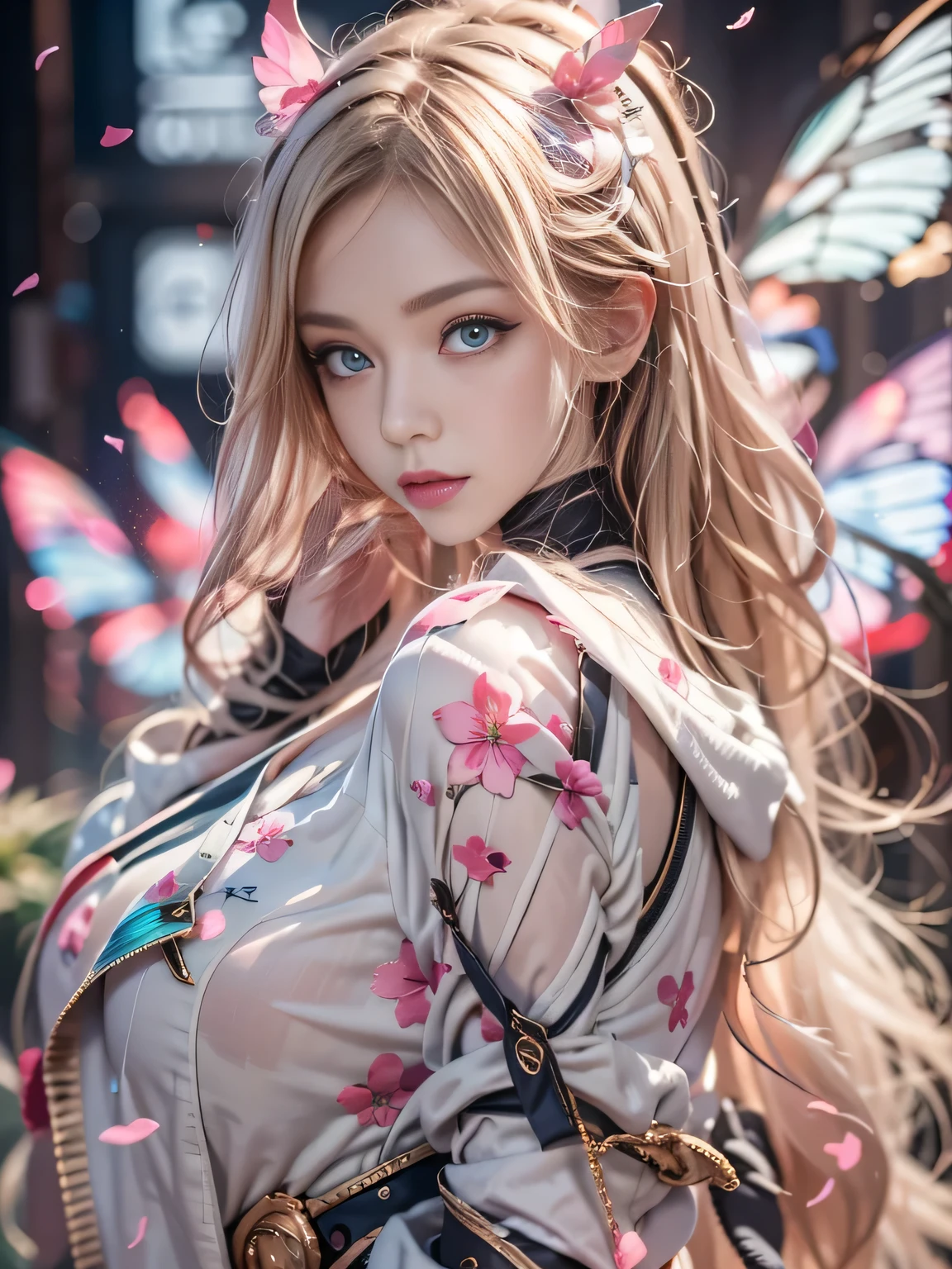 （（ The best quality ））， （（masterpiece））， （细节：1.4）， 。.。.。.。.3d，  Beautiful cyberpunk female figure ，HDR（High dynamic range）， ray tracing，NVIDIA RTX， Ultra High Resolution ，Unreal 5， subsurface scattering ，PBR Textures，Post-Processing， anisotropic filter ，Depth of Field，  Maximum clarity and clarity  ，Multi-layered textures，Albedo and mirror map ，Surface Shading， Accurate simulation of Mitsubishi-material interaction， Perfect proportions， Yamanaka was shot dead by octane  ，Two-color light，Large aperture，Low ISO，White Balance，Three rules、8K raw data、 Beautiful Bright Pupils ， Flowing Robe ，Good Student， Delicate face and eyes ，Long eyelashes，Blush Blush，Fluffy Blonde Hair， pink lips ，Pure，Cute big breasts，Cherry blossom petals falling， glowing butterflies ， glowing butterflies ， glowing butterflies ，