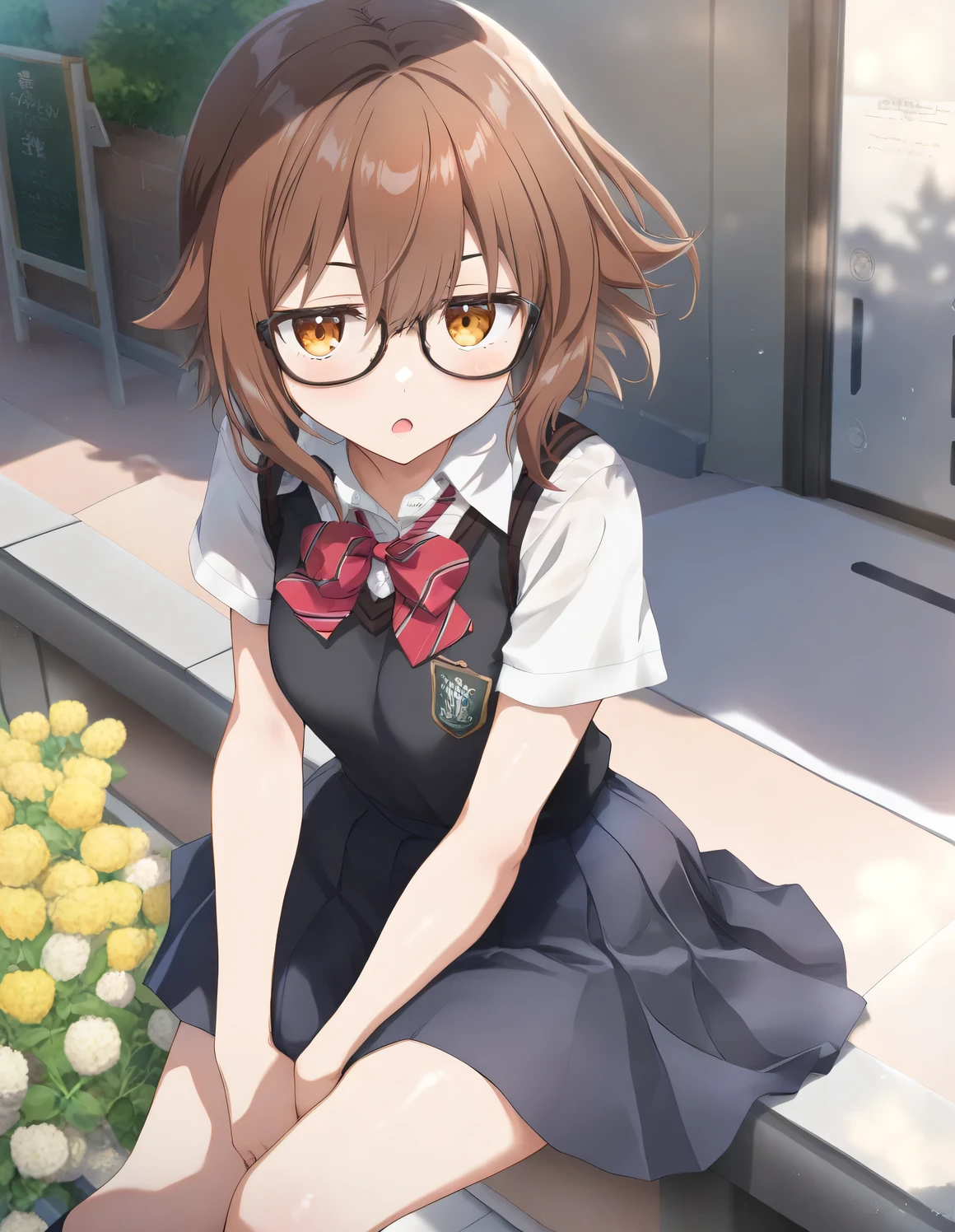 1girl, little female, school uniform, beautiful breasts, glasses, jitome, open mouth, sleepily, outdoors,wind, game CG break,((artist:shida_kazuhiro)),(artist:mitsumi_misato),(artist:fujiyama),,(masterpiece), (best quality), (ultra-detailed), very aesthetic, beauty illustration,super detailed skin, shiny skin, (masterpiece), (best quality), (ultra-detailed), very aesthetic, ,hi res,absurd_res,2023,2024,shaded,digital media (artwork), realistic lighting, 4k, 8k,