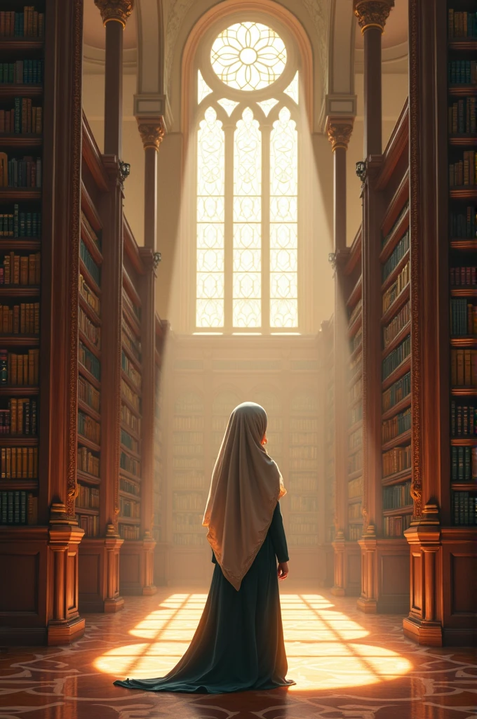 scene for the cover of a modest Caucasian woman in a library reading books buried in the desert sands