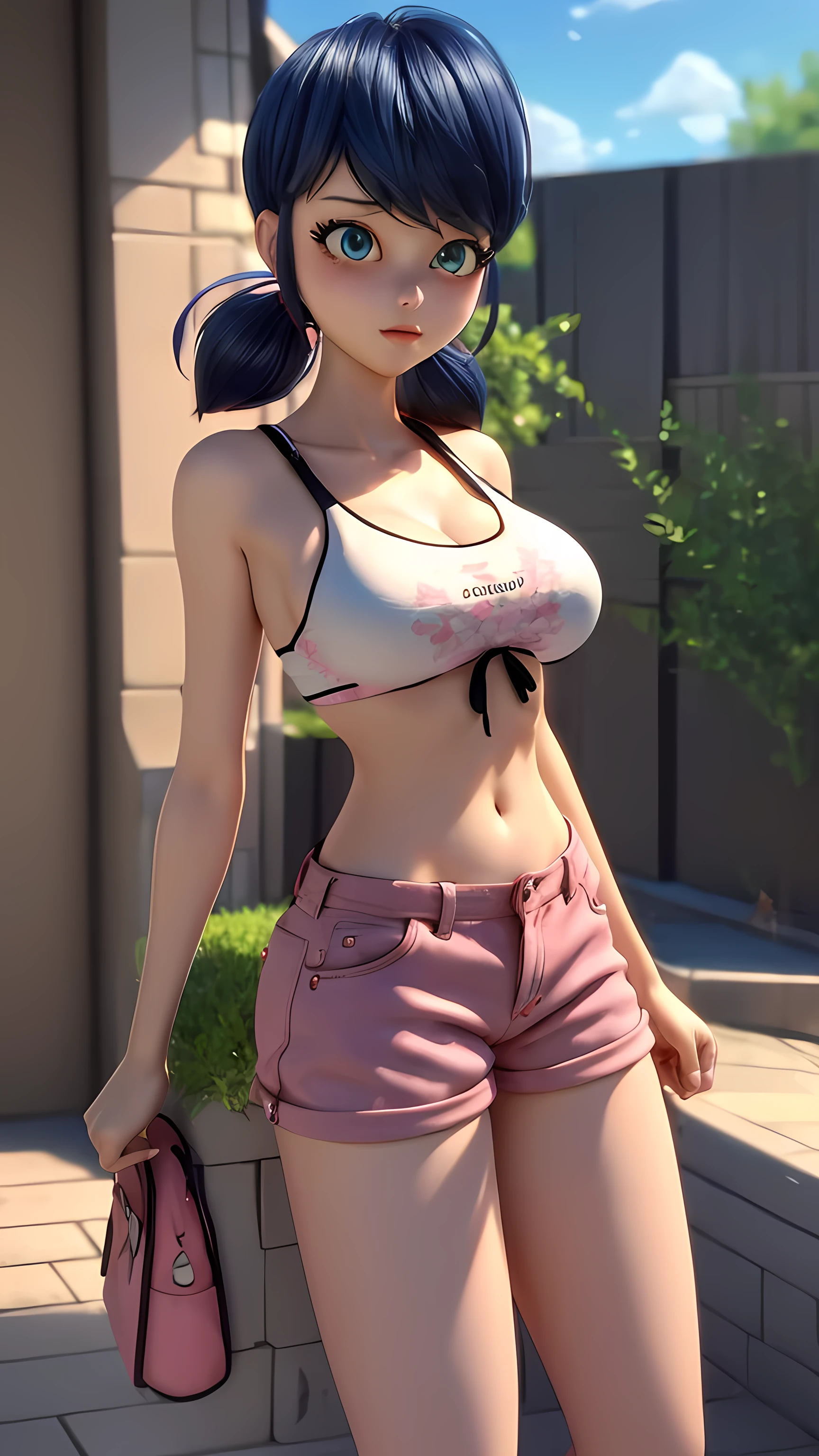 masterpice, (best quality), ((best detailed)), depth of field, Ladybug, big breasts, twintails,, Pink shorts,