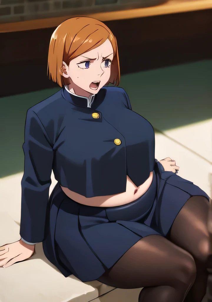 (masterpiece, Best Quality), 1 girl, Big belly, blurry background, Big belly , Round Belly, chubby, Curvy, Thunder thighs, thick thighs , fat thighs,  short hair, Brown Hair, torn shirt , skirt, Thigh length, Simple_background, gradation_background, Distended belly ((( black school uniform))), Long Sleeve, software, safe for work, sitting bed, software (safe for work), Nobara Kugisaki,