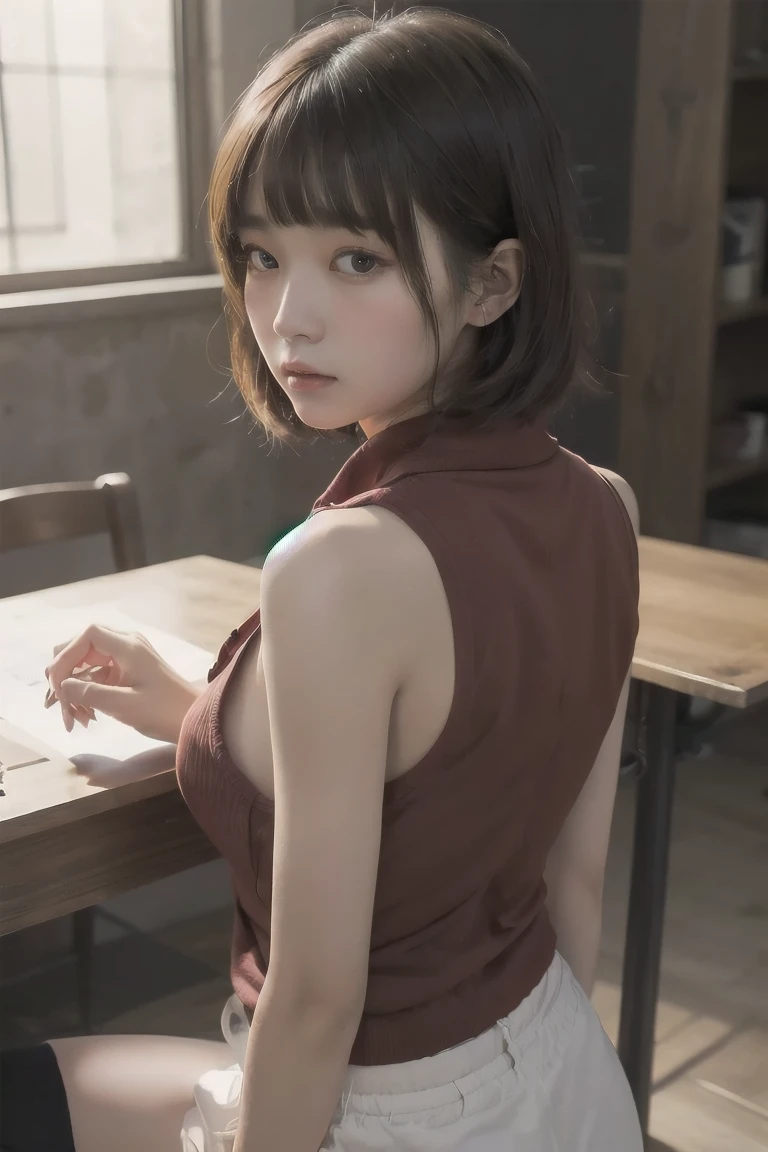  short hair、 short bob、Pants、Loose Hair Color、 small breasts、 1 girl 、 Masterpiece 、 Japanese girls having creampied sex、 absurd、 high resolution on down、 ultra-detailed、 faces with a depth of writing 、​masterpiece、 extremely detailed CG、3D Photography、3D Background、8k、top-quality、Shadowy、 clear focus 、 white skin、 detailed eyes on board、 blurry background、dynamic ungle、 closed mouth、profile、 upper body、Super Clear、Curvaceous、 red cheeks 