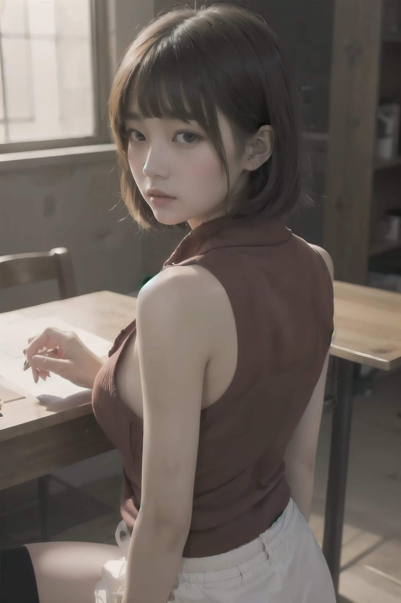  short hair、 short bob、Pants、Loose Hair Color、 small breasts、 1 girl 、 Masterpiece 、 Japanese girls having creampied sex、 absurd、 high resolution on down、 ultra-detailed、 faces with a depth of writing 、​masterpiece、 extremely detailed CG、3D Photography、3D Background、8k、top-quality、Shadowy、 clear focus 、 white skin、 detailed eyes on board、 blurry background、dynamic ungle、 closed mouth、profile、 upper body、Super Clear、Curvaceous、 red cheeks 