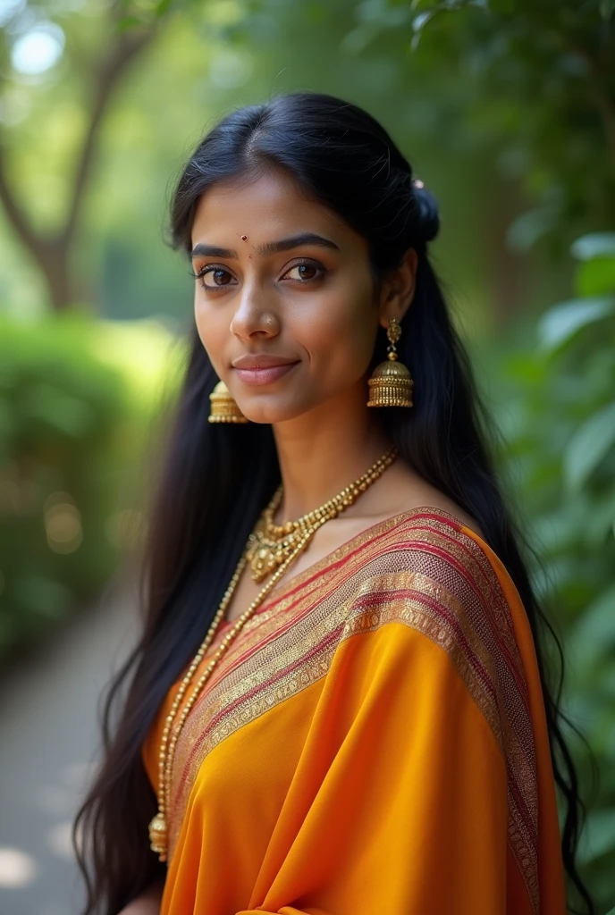 Kerala beautiful 23 years old girl, not modern, long hair but not modern har style,36 size breast, her dress is Kerala style nadan orange and yellow combo dhavani, coconut tree on background,with relaxing pose, looking very very beautiful face, I want a closeup short, only a single arguments, looking approximate 65 kg weight, front pose