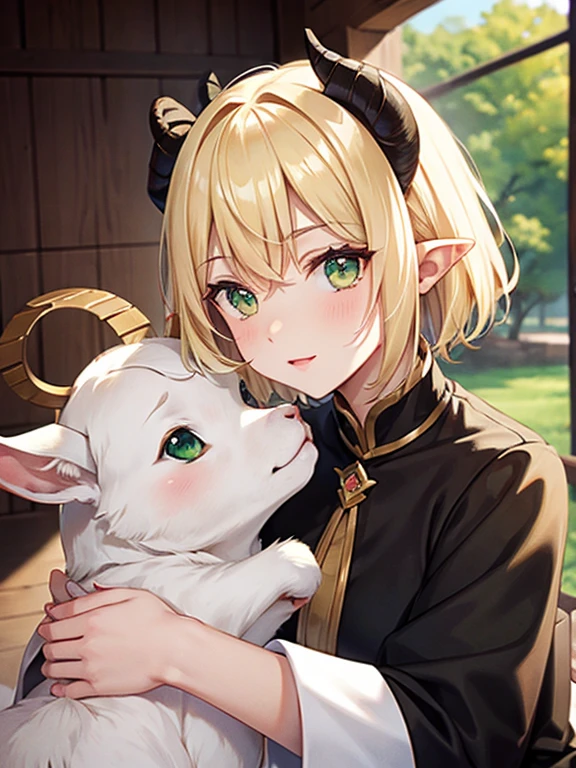 Pointy Ears,Goat horns,Blonde,short hair,Green Eyes