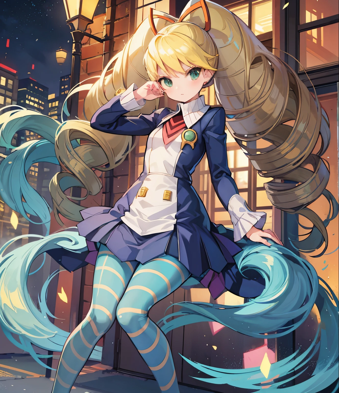 twintails,twin drills,dress,blue pantyhose,striped pantyhose,yellow hair