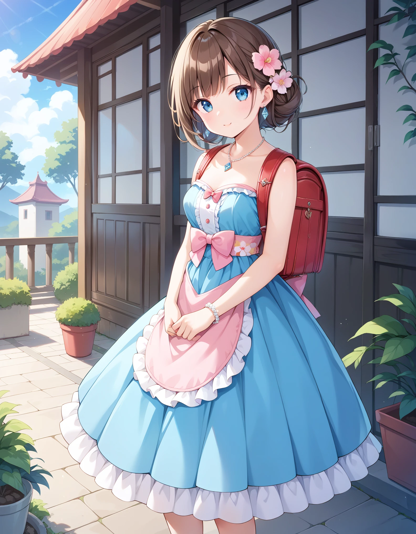 Masterpiece, hd, best quality, there is a girl standing in a blue dress, wearing pink floral chiton, beautiful pink , brown hair, wearing a pink dress, dressed in a blue dress, small  girl, Traditional Attire, bowtie, necklace, diamond earrings, in a fancy dress, frilly outfit, wearing beautiful clothes, wearing floral gown, cute young girl, dressed in a beautiful, wearing randoseru backpack, red backpack, standing, outdoor