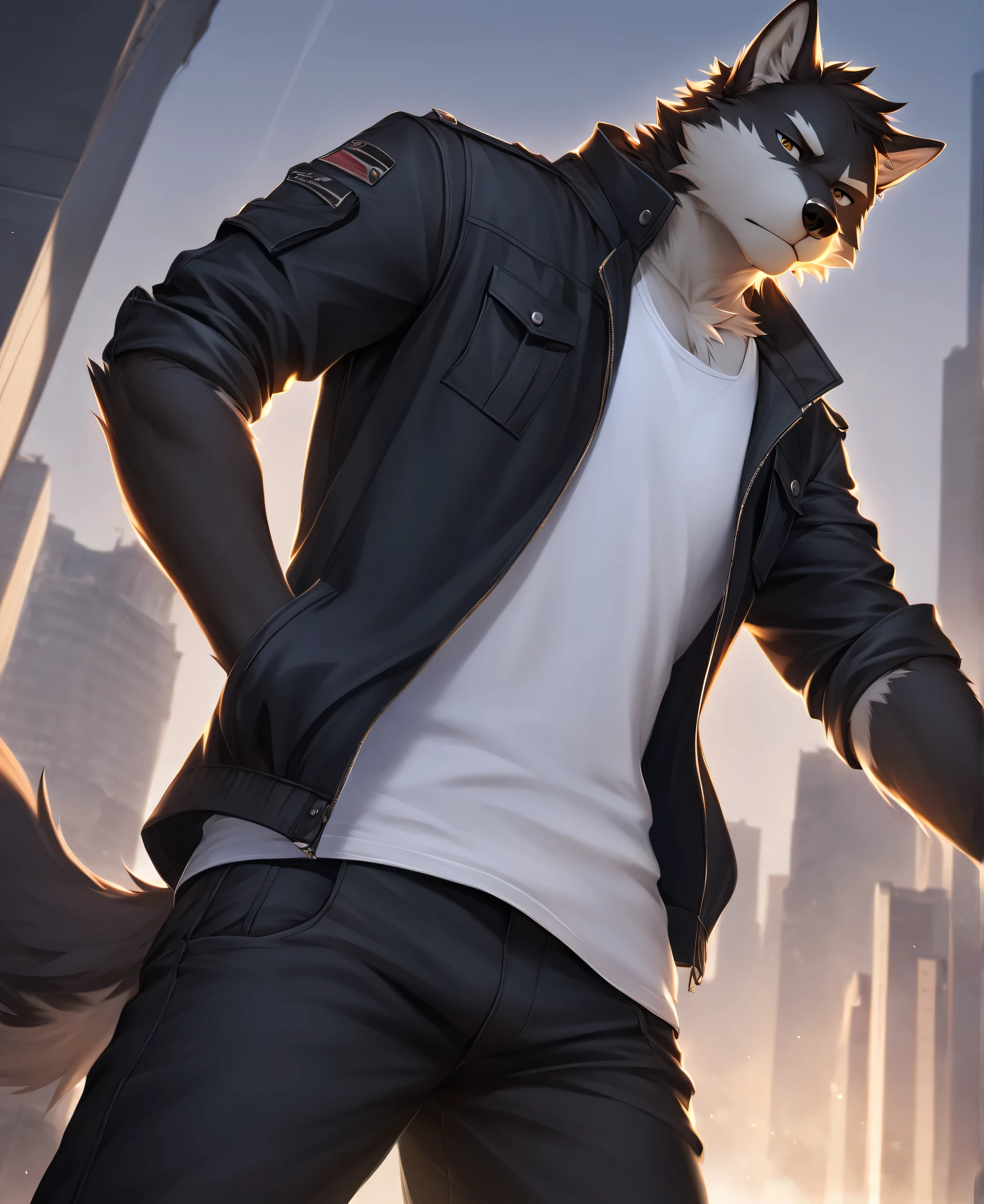 solo,furry,furry male,wolf,adult,black_skin,black fur,wolf ears,wolf tail,muscular,tall,white tank_top,black cropped_jacket,black cargo_pants,contempt,shaded_face,standing,hand_in_pocket,from_below,looking_down,looking_at_viewer,(masterpiece:1.3),(best quality:1.2),(ultra-detailed:1.2),(8k resolution:1.2),highres,original,extremely detailed wallpaper,perfect lighting,(extremely detailed CG:1.2),dynamic composition,realistic rendering,depth of field,digital painting,concept art；