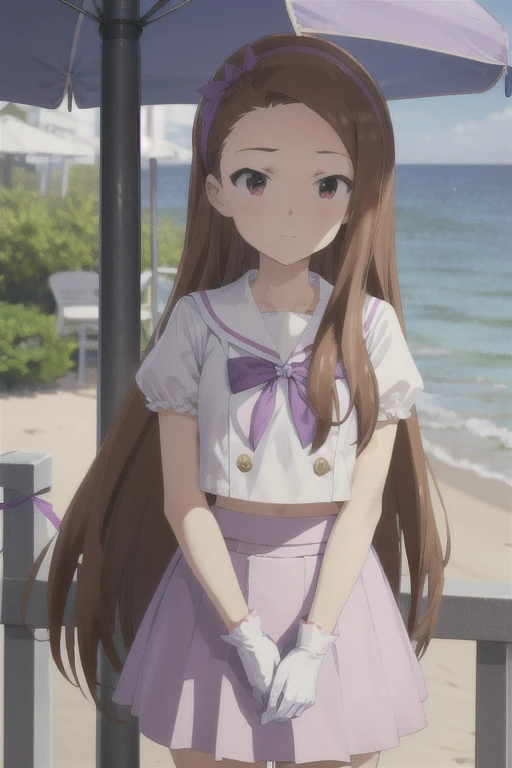 ((( pixel perfect, detail-perfect))), Alone,  1 girl, iori minase,   watching viewers , Sailor Warriors, Lilac ribbon on chest, Lilac Skirt,  white gloves,,coastal