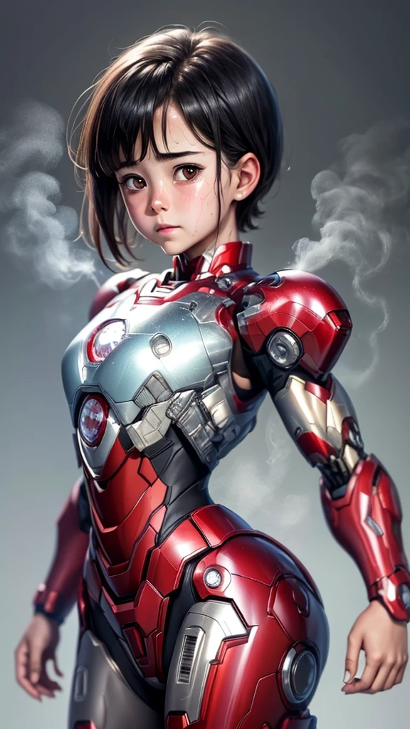 Best Quality　 8k Iron Man Suit Girl　 elementary school girl 　Sweaty face　cute　 short hair　 boyish　Steam coming out of my head　 My hair is wet from sweat　The feel of black hair　 full body portrait 　  external expressions from students 　Drooling from the mouth　 look up 　bare hands