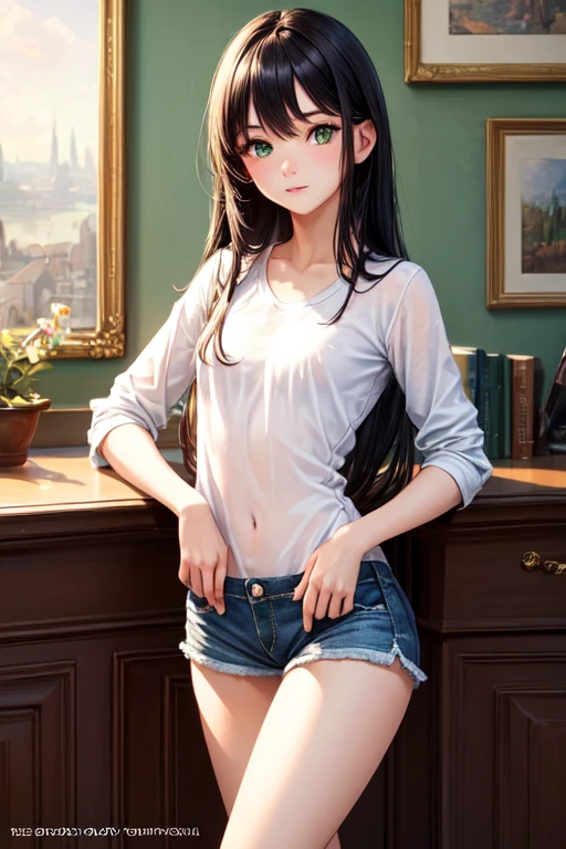 ((masterpiece,Highest quality;1.3,best illustration,realistic)),1woman、独奏,18 year old beauty,((very small head:1.4)),center parted hair,black hair,long hair,black eyes,gorgeous eyes,shy,smile,medium breasts,((very long body:1.5)),((toned body,slender body,skinny)),gleaming skin,shiny skin,oily skin,White tank top、navel、denim micro shorts、Simple bed、Simple bedroom、Dimly lit room、Tokyo、