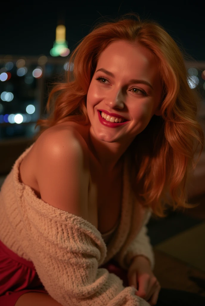 ((Instagram-photo in a rooftop bar at night in Paris)) A high-quality photograph of a striking woman with flowing, drawn mouth and light brown eyes, vibrant red hair that falls over her shoulders. She has a confident and attractive expression, enhanced by her make-up, red lipstick and arched eyebrows. Her pose is elegant and relaxed, with her body turned towards the camera, face turned to the side. The model is wearing a fluffy pullover and a high-waisted skirt. Her hair is open and her make-up is light and natural. The shot is away from the model, with the camera positioned a little lower, to highlight her beauty. there is a vintage movie atmosphere, she laughs and smiles. she looks happy. she has white teeth. hands are not in the picture. Iphone quality13