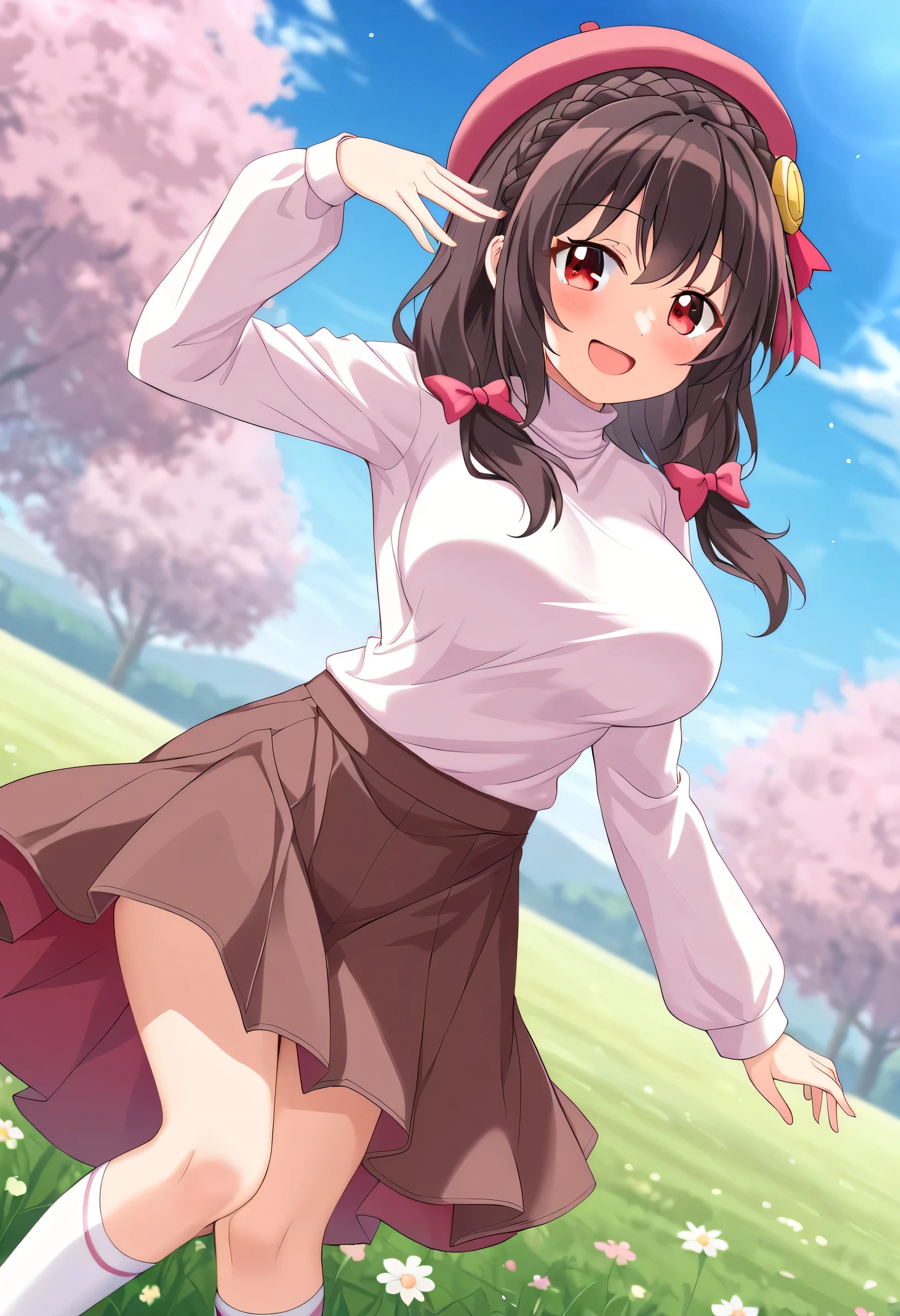 yunyun、masterpiece,Best Quality,  high resolution on down,one person, Yunyun、My name is Yunyun,  crown braid the same color as my hair, Black Hair、Red eyes、 hair accessories,  hair bow, ( white turtleneck:1.2), ( brown skirt),  Knee Socks, (She has big breasts)、( happy smile :1.2)、(blush)、Cosmos flower field 、Looking at the viewer、Standing、( I'm wearing a pink beret)、(Dancing innocently )、(My skirt is fluttering)、blue sky