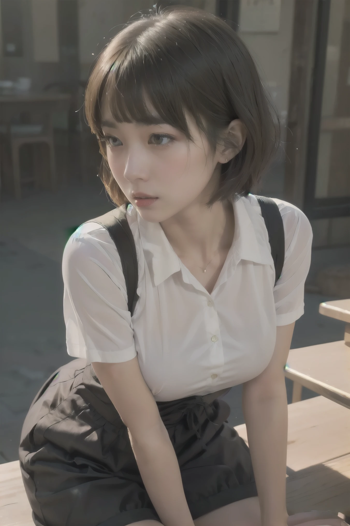  short hair、 short bob、Pants、Loose Hair Color、 small breasts、 1 girl 、uniform、 Masterpiece 、 Japanese girls having creampied sex、 absurd、 high resolution on down、 ultra-detailed、 faces with a depth of writing 、​masterpiece、 extremely detailed CG、3D Photography、3D Background、8k、top-quality、Shadowy、 clear focus 、 white skin、 detailed eyes on board、 blurry background、dynamic ungle、 closed mouth、profile、 upper body、Super Clear、Curvaceous、 red cheeks 