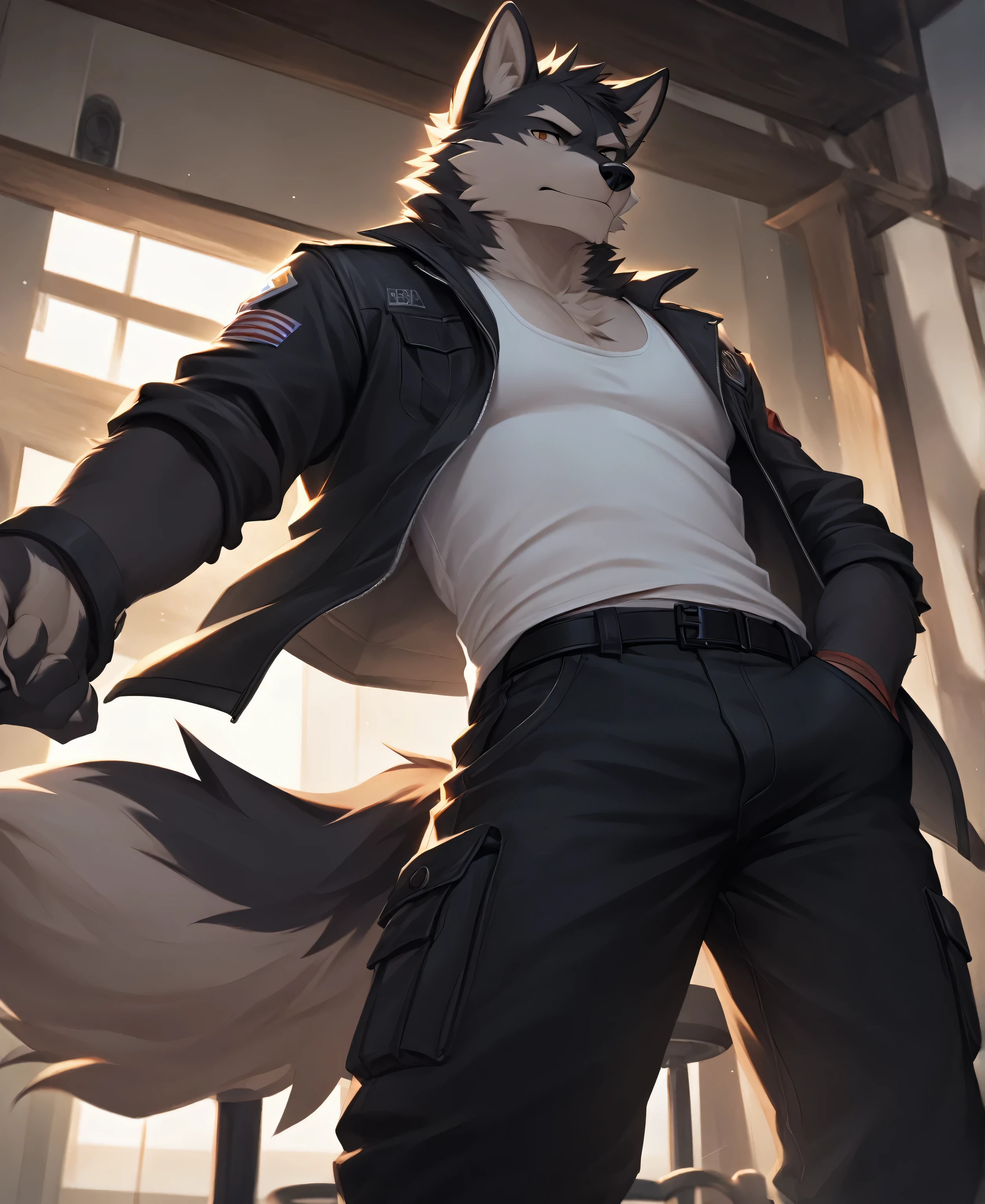 solo,furry,furry male,wolf,adult,black_skin,black fur,wolf ears,wolf tail,muscular,tall,white tank_top,black cropped_jacket,black cargo_pants,contempt,shaded_face,standing,hand_in_pocket,from_below,looking_down,looking_at_viewer,(masterpiece:1.3),(best quality:1.2),(ultra-detailed:1.2),(8k resolution:1.2),highres,original,extremely detailed wallpaper,perfect lighting,(extremely detailed CG:1.2),dynamic composition,realistic rendering,depth of field,digital painting,concept art；bar \(place\), 