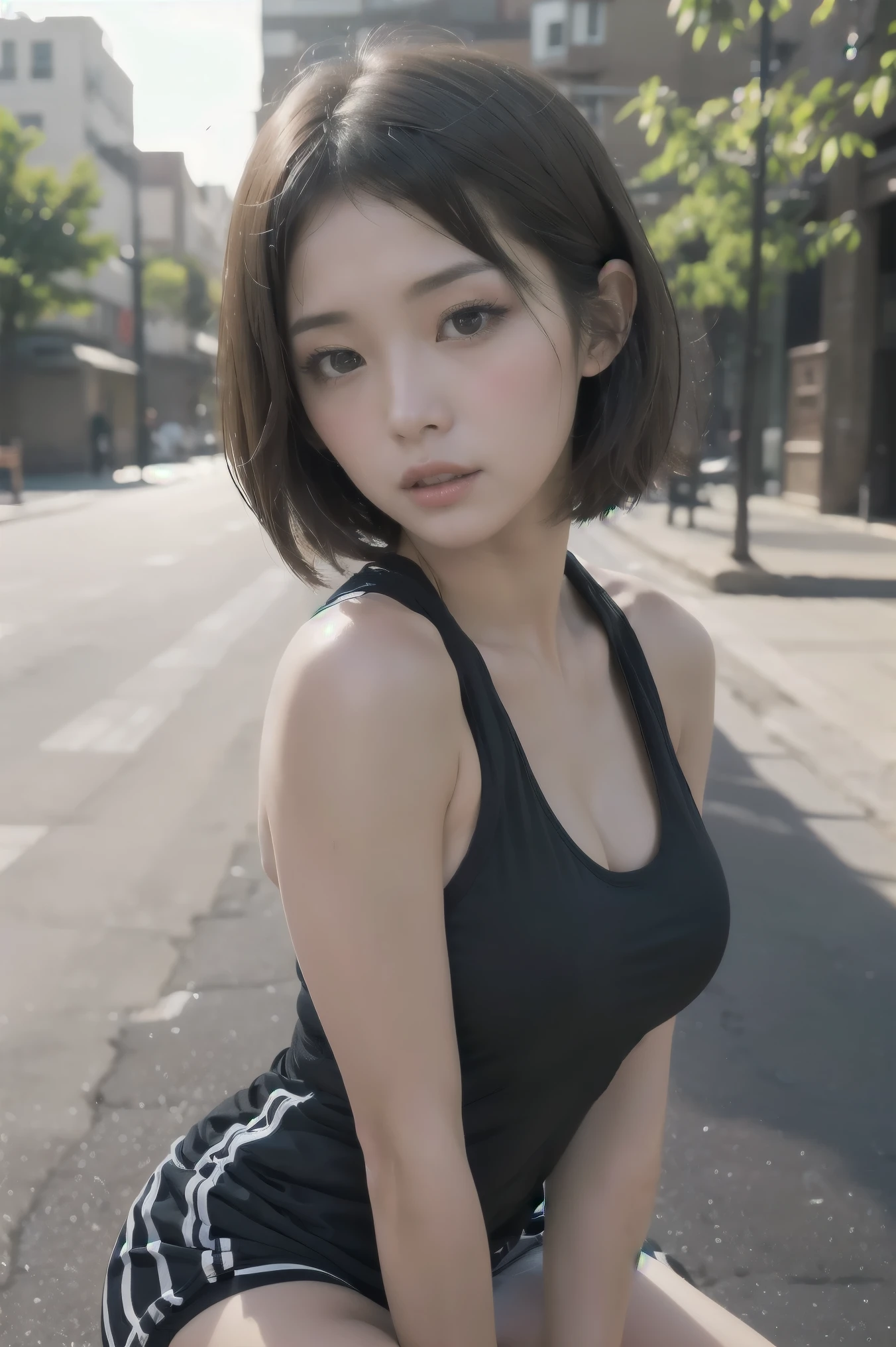  short hair、 short bob、Pants、Loose Hair Color、 small breasts、 1 girl 、Gym clothes、 Masterpiece 、 Japanese girls having creampied sex、 absurd、 high resolution on down、 ultra-detailed、 faces with a depth of writing 、​masterpiece、 extremely detailed CG、3D Photography、3D Background、8k、top-quality、Shadowy、 clear focus 、 white skin、 detailed eyes on board、 blurry background、dynamic ungle、 closed mouth、profile、 upper body、Super Clear、Curvaceous、 red cheeks 