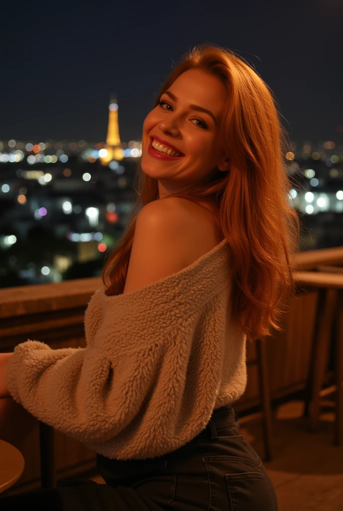 ((Instagram-photo in a rooftop bar at night in Paris)) A high-quality photograph of a striking woman with flowing, drawn mouth and light brown eyes, vibrant red hair that falls over her shoulders. She has a confident and attractive expression, enhanced by her make-up, red lipstick and arched eyebrows. Her pose is elegant and relaxed, with her body turned towards the camera, face turned to the side. The model is wearing a fluffy pullover and a high-waisted skirt. Her hair is open and her make-up is light and natural. The shot is away from the model, with the camera positioned a little lower, to highlight her beauty. there is a vintage movie atmosphere, she laughs and smiles. she looks happy. she has white teeth. hands are not in the picture. 