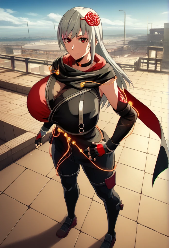 score_9, score_8_above, score_7_above, source_animated, BREAK 1girl,  looking at the viewer , smile,  hand on hip, DefKasane , long hair,  hair ornament , choker, black jacket, Gigantic breasts gigantic black scarf , red cape,  Separate sleeves , cables, red gloves,  fingerless gloves ,  black pants , al aire libre, sky, nube Big  Milf Thicc Hot Big Ass Curvilínea Cintura plana Milf ❤️‍🔥❤️‍🔥❤️‍🔥❤️‍🔥❤️‍🔥🔞🔞🔞🔞🥛🥛🥛🚺🚺💘💘💘 big Thicc Hot  ass