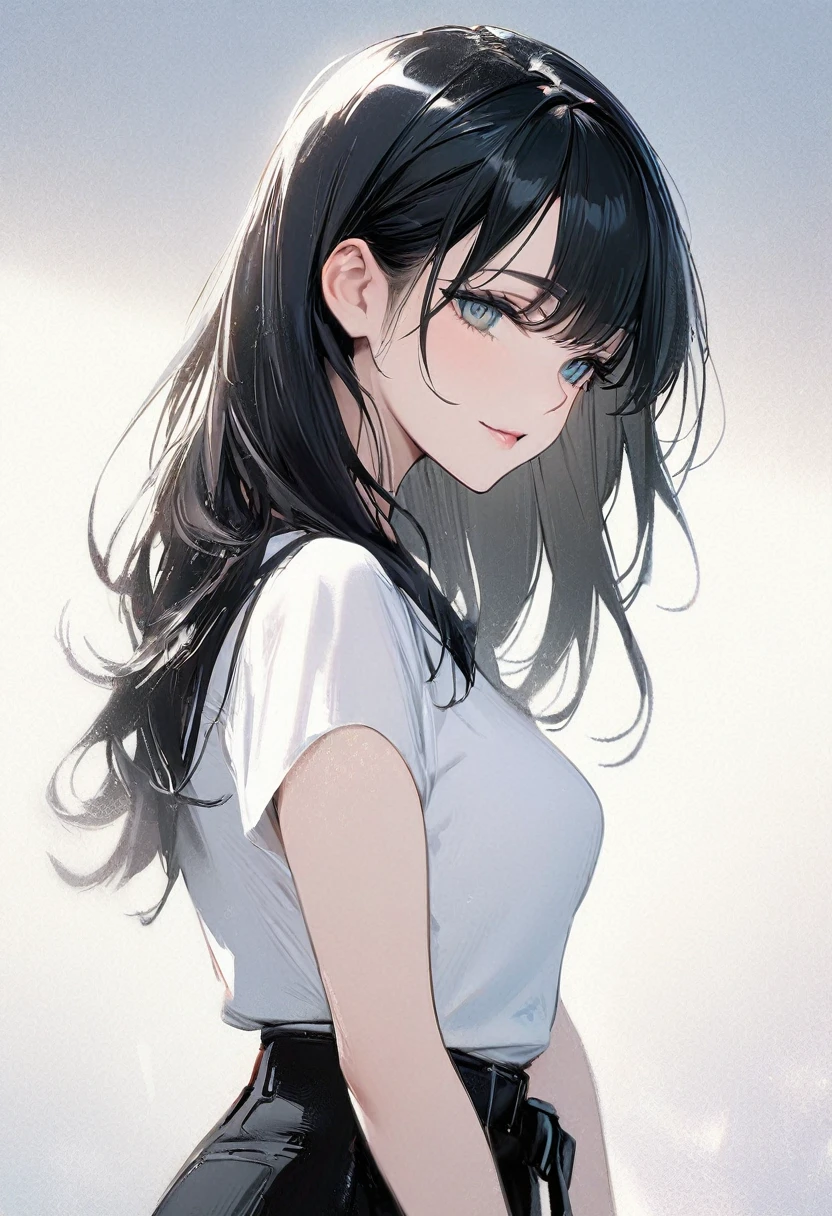 Beautiful Japanese Woman, Soft skin and a nice perfect face, A small face with a nose and rosy lips, Beautiful Eyes, Beautiful smile. black, Surrounded by a bright, ethereal glow、Thin, long, beautiful hair. A loose, medium hairstyle with gradation highlights and layers of greyish beige, Navy band collar shirt x yellow houndstooth flare skirt, Bright neon colorful background, Hyperrealistic female photos, High quality high resolution 8K masterpiece