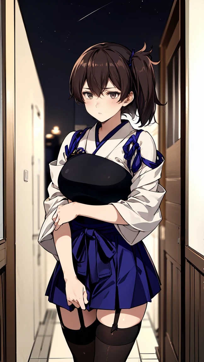 (score_9, score_8_up, score_7_up, score_6_up, score_5_up, score_4_up , anime coloring (masterpiece, highest quality) detailed, kaga (kancolle), {{kaga kai ni (kancolle)}}, side ponytail, brown eyes, black hair, Super sexy japanese clothes, blue hakama, hakama short skirt, 　，(zettai ryouiki black Net tights and garter belt) , A night view of Tokyo can be seen from the corridor of a high-rise apartment building. She lost her virginity and her cunt is bleeding