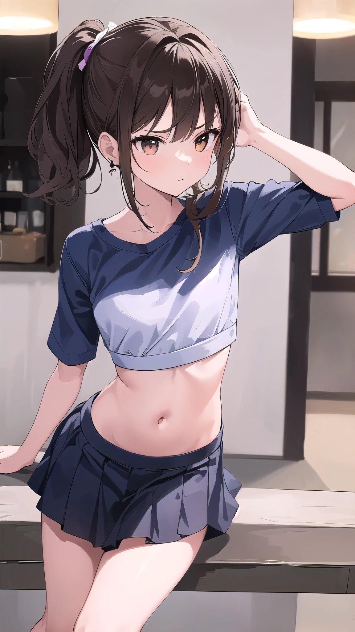 Anatomically Accurate, one girl playing pranks, smaller胸, { shortcut :1.7}, Short Ponytail, Brown Hair, brown eyes character portrait, (masterpiece), (masterpiece), Best Quality, high resolution on down, very detailed, detailed background , full light, indoor, one girl playing pranks, smaller, I feel the audience , Police Costume, Blue Shirt,The heart behind the eyes, Tight Skirts :1.8, is angry,