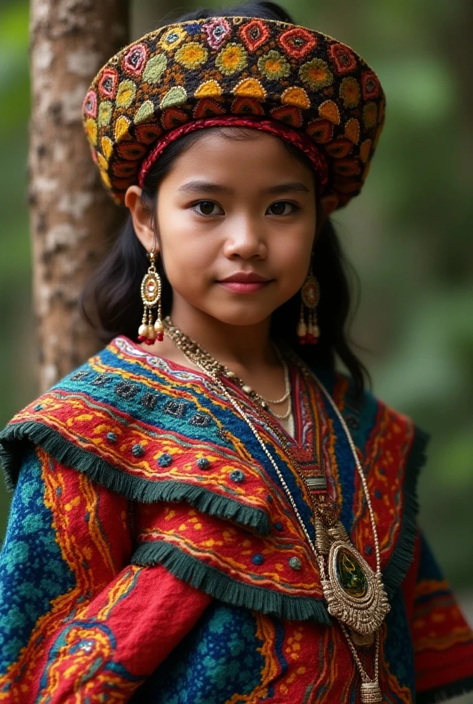 "A young Garo girl from Meghalaya wearing traditional attire. She has a bunch of feathers elegantly arranged on the back of her head and a red cloth tied around her forehead. Her traditional dress is intricately designed with vibrant patterns and colors, reflecting the rich cultural heritage of the Garo tribe. The background features a lush, green landscape typical of Meghalaya, with misty hills and dense forests."