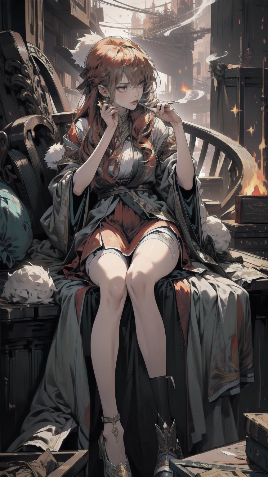 ( full body, legs and shoes visible: 1.2))  expressive eyes , woman, Pale skin, Long Hair,  hair fluttering like the wind, ((Long Hair)), long side lock , Princess Bangs, Hair bangs, Hair Bun, ((Long twin hair)),  Flaming Hair, Red Hair,  blanking in books, full face  blanking in books, Big Sparkling Red Eyes , ( gradient eyes),  open your mouth and smile, cute pose, Flowing, fiery dress, (( Crimson Multicolor Open Dress )), (mist), Orange Frills, Yellow Frill, ( Light Red Lace ), Removable short sleeves,  Fluffy skirts , ((Fire and Star Print Skirt : 1.3)), ****There is a skirt。, Dark red bow, ((Pompom ribbon hair accessory : 1.4)), Multiple Bows,  Striped Lace Stockings , (Heart-shaped leg garters), cute (Deep Orange) shoes (( Highly Detailed Clothing and Fashion ))  is watching you, ,  blanking in books, (  beautiful eyes with beautiful details ), ( Extremely Detailed CG Unity 8K Wallpaper) ( best shadow ), (( very delicate and beautiful)), (Detailed light), (( faces with a depth of writing )) Big Head, Big, bright eyes, Moe,  Splash Art ,  Movie Lighting, Front View,  Volumetric Lighting Extremist Photo Illustration with 64k Resolution Complex and Detailed Key Visuals Accurate Linear ((With a dark palace in the background, surrounded by expensive decorations,  shooting stars )) ((Ultra detailed views ,  foggy ,  Darkness : 1.3))
