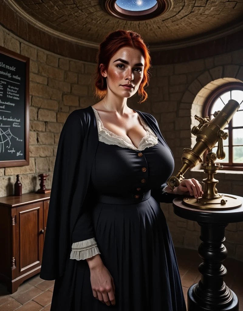 Photorealistic, cinematic style, a picture of a beautiful British woman is operating an ancient telescope in a rustic observatory. A round stonework room with a domed ceiling, ceiling has a hole for observation. On a pedestal a large brass telescope. Walls of the room are covered in astronomical charts and blackboard with calculations. She has black buttoned dress with high neckline, white ruffle collar, black cape. She's got brown eyes, downturned eye shape, light skin and freckles, reddish-brown hair, hair gathered up to a bun,. perfect hand,HDR, intricate details. Outside is a starry night. 
