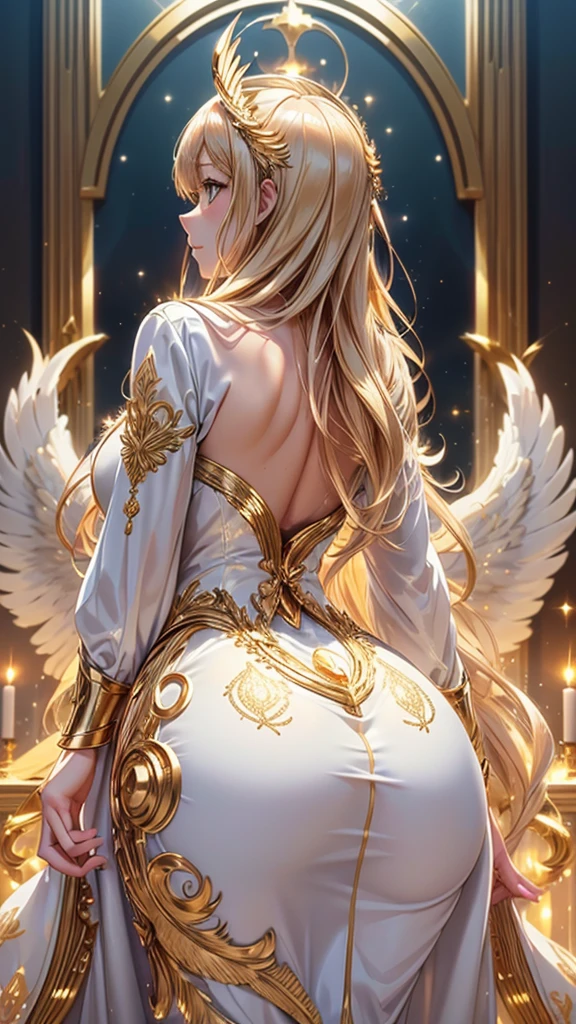 8k ⒉ 5D Real Anime Girl Style wavy hair, gold hair ornament, white translucent dress with gold run embroidery, large bird of prey golden wings growing from back to side, standing pose, deep reflection by side dramatic lighting, interior setting, fantastic and mysterious atmosphere, fine textures and balanced exposure.