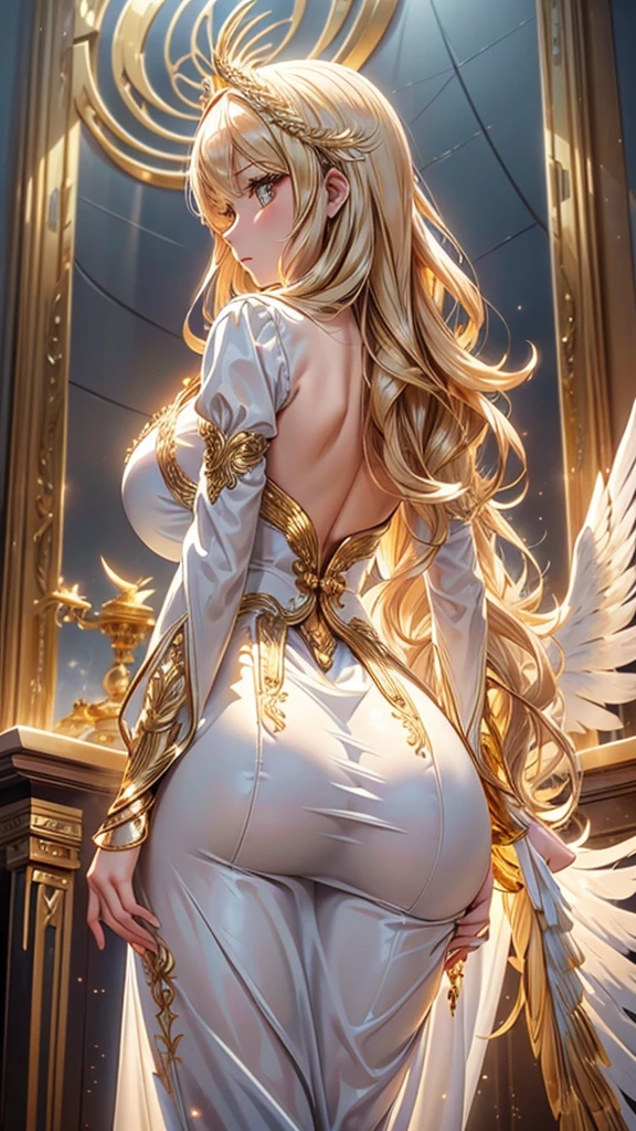 8k ⒉ 5D Real Anime Girl Style wavy hair, gold hair ornament, white translucent dress with gold run embroidery, large bird of prey golden wings growing from back to side, standing pose, deep reflection by side dramatic lighting, interior setting, fantastic and mysterious atmosphere, fine textures and balanced exposure.