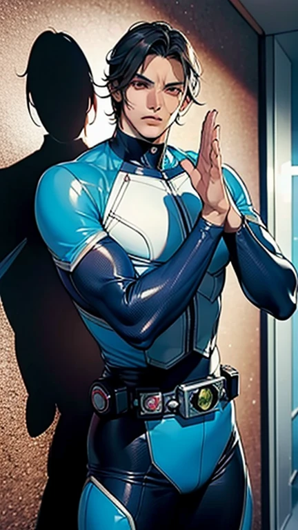 Nightwing suit, cool handsome young man, 18 years old, big breasts, restrained, roped, hung