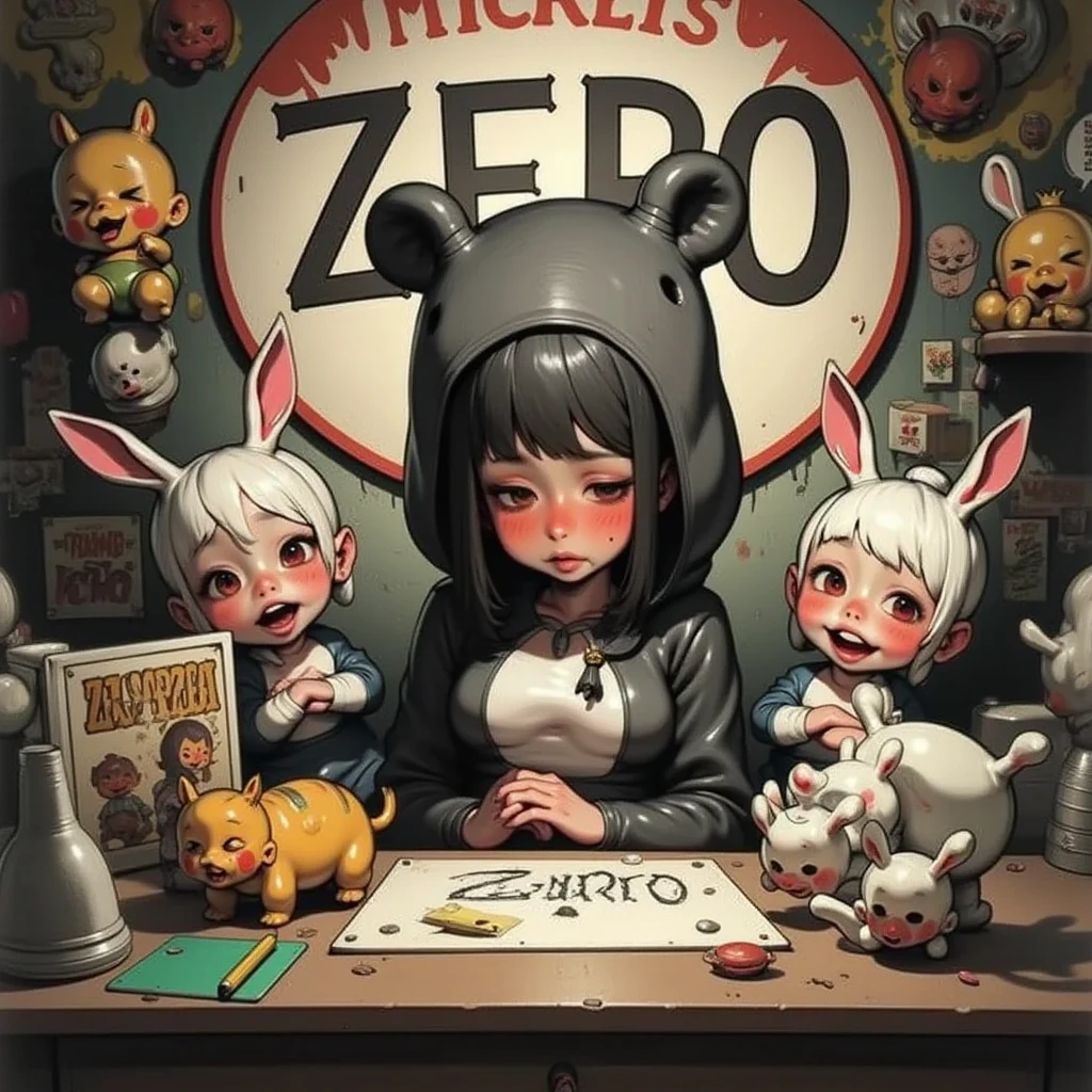  girl wearing a black bear costume that makes stuffed fur toys using a sewing machine、 soft vinyl American toys displayed all over the wall 、「ＺＥＲＯ」A room with a large sign that says 、Ouija boat worldview 、Dark Taste、「ＺＥＲＯ」There is an electric bulletin board written on it on the desk 、