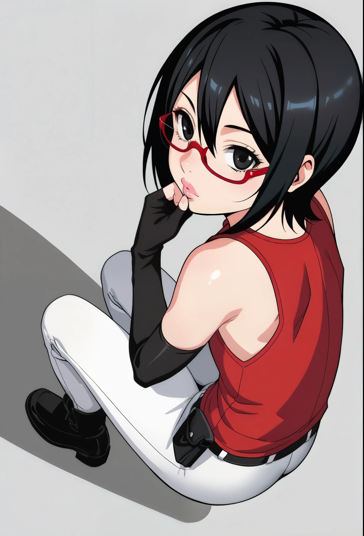 score_9_above, score_8_above, score_7_above, score_6_above, score_5_above, score_4_above, ,zPDXL2, Alone,  classification _safe,  perfect face ,  perfect eyes, BBC_Chan style , Sarada Uchiha, Alone, 1 girl,  black hair ,  short hair, Red-framed glasses, glasses,  black eyes ,red dress, sleeveless,  elbow gloves ,  black gloves,  Fingerless Gloves, white pants,  tall black stockings, Thigh Holster,  Side view , big round buttock , curvy ass , road to Konohagakure village, flat chest, full lips