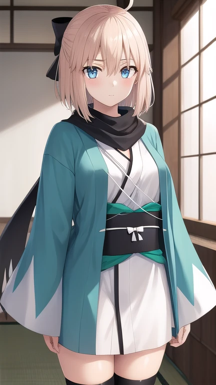 1girl, okita souji, ahoge, blonde hair, hair between eyes, hair bow, short hair, yellow eyes, BREAK, arm guards,wide sleeves,toeless legwear,obi, white kimono, shinsengumi, black thighighs,thighhighs , short kimono, haori, black bow, black scarf, scarf, hairbow,bow, kimono,japanese clothes,
BREAK, standing,
BREAK, Expressionless,
BREAK, (from front:1.1), (cowboy shot:1.3),
BREAK, indoor, japanese style room,
BREAK, (best quality, masterpiece, detailed:1.1), HD, anime colored, (beautiful detailed eyes, extremely detailed face:1.3), perfect lighting, extremely detailed CG, (perfect hands, perfect anatomy),