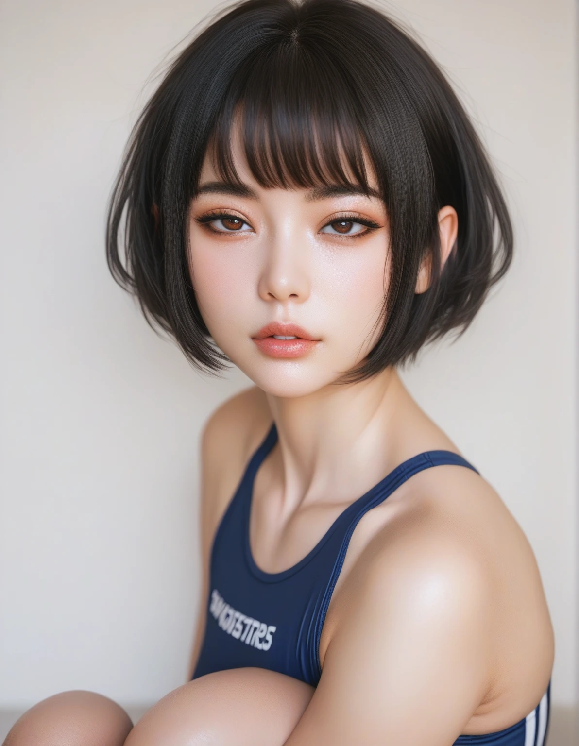 arafed asian woman with short hair and a black shirt, with short hair, with short hair with bangs, short straight hair, princess cut, 黒princess cutヘア, Black-haired Sui Ishida, 白princess cutの髪型, with short straight brown hair, black short curtain haircut, with a bob cut, short hair with gel, short black hair,naked.