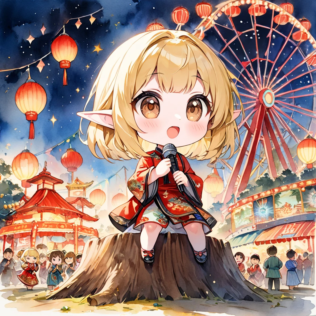 1girl, chibi, cute, pale skin, blonde hair, bob, big droopy eyes, dark brown eyes, elf,
vast amusement park, ferris wheel, on large tree stump, many spectators, chinese dress, singing,
hold on microphone, colorful stage lights, volumetric lighting, countless small stardust,
traditional watercolor painting, (masterpiece, best quality, hyper detailed:1.2),