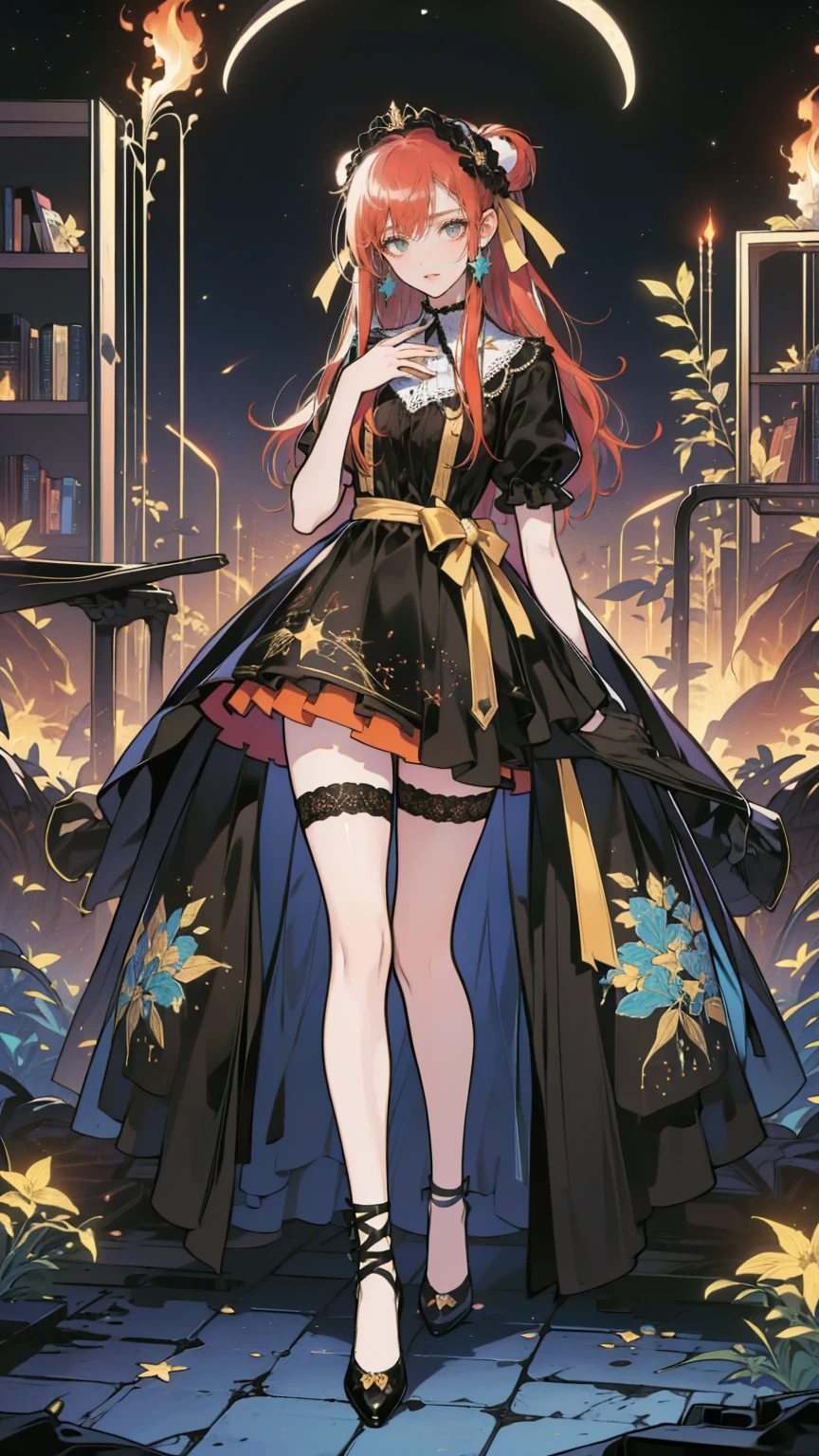 ( full body, legs and shoes visible: 1.2))  expressive eyes , woman, Pale skin, Long Hair,  hair fluttering like the wind, ((Long Hair)), long side lock , Princess Bangs, Hair bangs, Hair Bun, ((Long twin hair)),  Flaming Hair, Red Hair,  blanking in books, full face  blanking in books, Big Sparkling Red Eyes , ( gradient eyes),  open your mouth and smile, cute pose, Flowing, fiery dress, (( Crimson Multicolor Open Dress )), (mist), Orange Frills, Yellow Frill, ( Light Red Lace ), Removable short sleeves,  Fluffy skirts , ((Fire and Star Print Skirt : 1.3)), ****There is a skirt。, Dark red bow, ((Pompom ribbon hair accessory : 1.4)), Multiple Bows,  Striped Lace Stockings , (Heart-shaped leg garters), cute (Deep Orange) shoes (( Highly Detailed Clothing and Fashion ))  is watching you, ,  blanking in books, (  beautiful eyes with beautiful details ), ( Extremely Detailed CG Unity 8K Wallpaper) ( best shadow ), (( very delicate and beautiful)), (Detailed light), (( faces with a depth of writing )) Big Head, Big, bright eyes, Moe,  Splash Art ,  Movie Lighting, Front View,  Volumetric Lighting Extremist Photo Illustration with 64k Resolution Complex and Detailed Key Visuals Accurate Linear ((With a dark palace in the background, surrounded by expensive decorations,  shooting stars )) ((Ultra detailed views ,  foggy ,  Darkness : 1.3))
