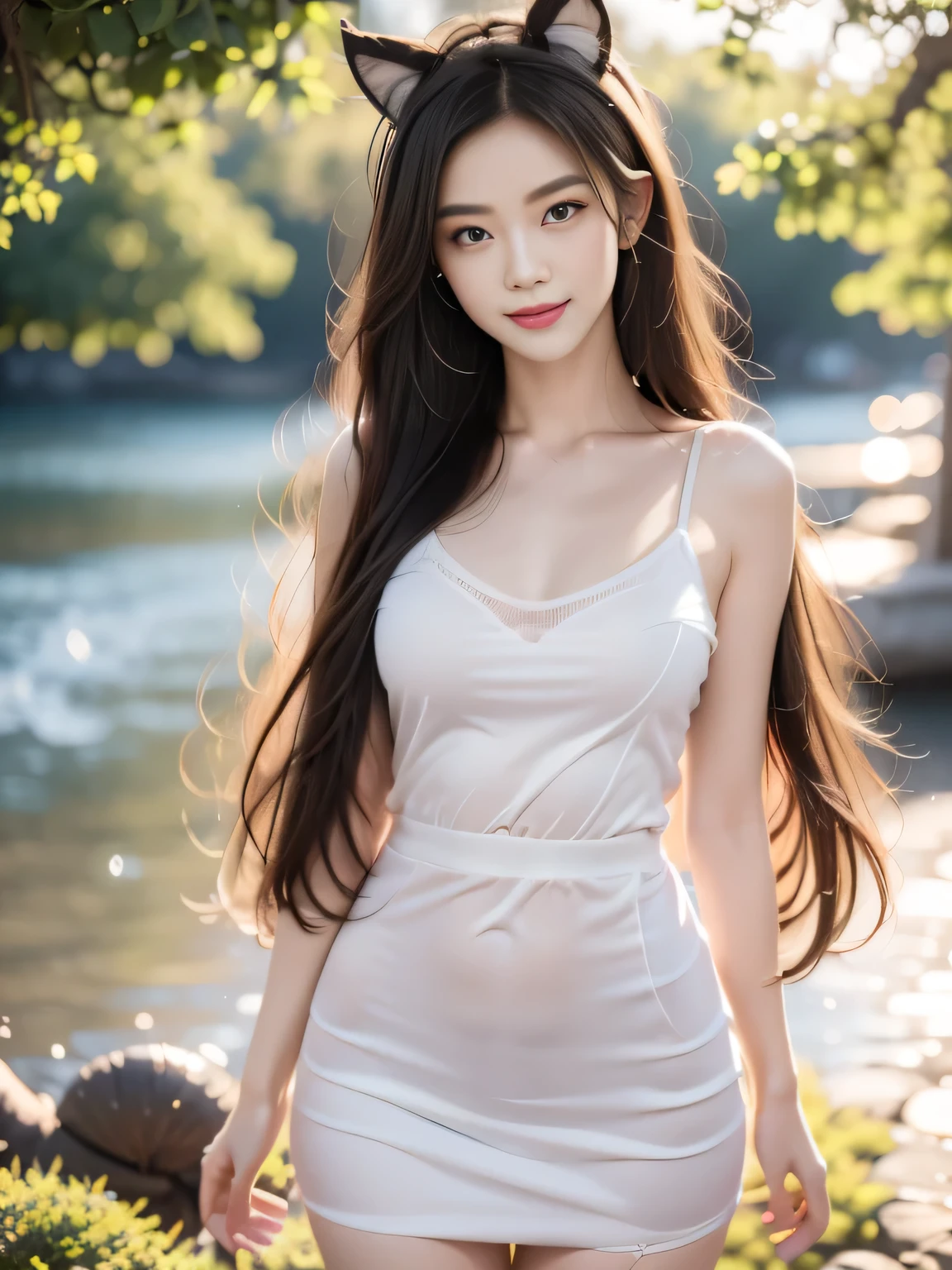black hair, hair bobbles, wince, longeyelashes, solid circle eyes, fake animal ears, light smile, ear blush, fang, ccurate, surrealism, drop shadow, anaglyph, stereogram, tachi-e, throw, atmospheric perspective, 8k, super detail, best quality, UHD, anatomically correct, retina, masterpiece, textured skin, accurate, super detail, award winning, high details, best quality, high quality, highres icon,original, (masterpiece), (illustration), ( extremely delicate and beautiful ), ( perfect detail ), (Unity CG 8K Wallpaper :1.05), ( beautiful clear background :1.25), (Depth of Field:0.7),1 Girl,huanxiaoyi , (Standing by the river:1.15).( hair fluttering with the wind:1.1),Butterflies flying around, (moonlight:0.6), Tree, (summer), (night:1.2), (close-up:0.35), (Gloves:0.8), alone ,