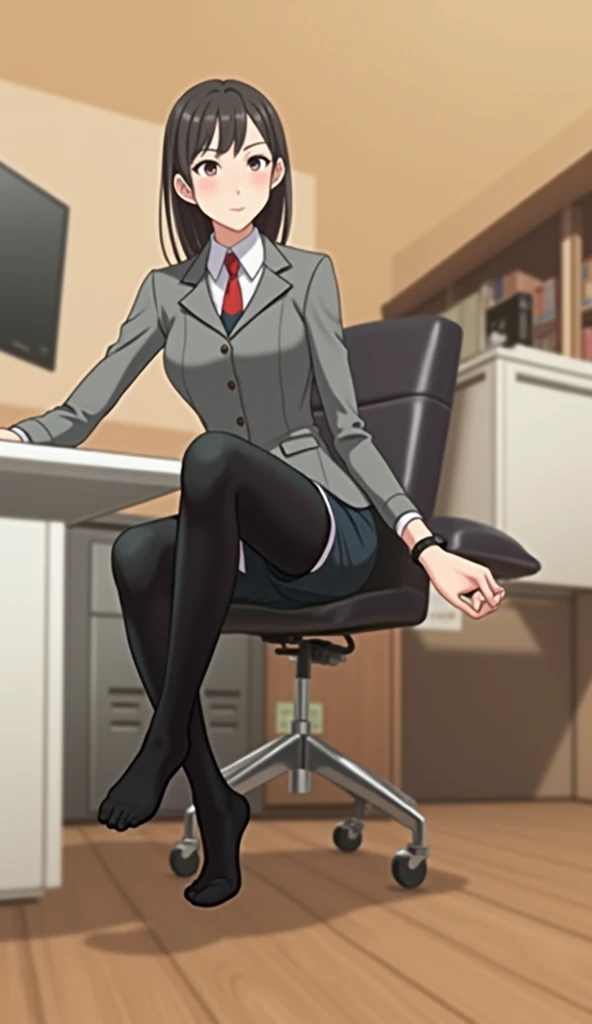 1girl, magical girl, panties,skirtlift,((upskirt)),((pantyshot)),(yellow panty),((Small panties)),(((See-through panties))),(((black pantyhose))),white race panty, ,Are crying,Anguished expression、Embarrassed look,8k,Realistic、Anime illustration,CG、masterpiece, best quality, 1 girl, solo, large breasts, long hair, dark green hair, gray eyes, office staff suit, jacket, pencil skirt, panties under black pantyhose, (show off panties:1.1), embarrassed, spread legs, sitting, office